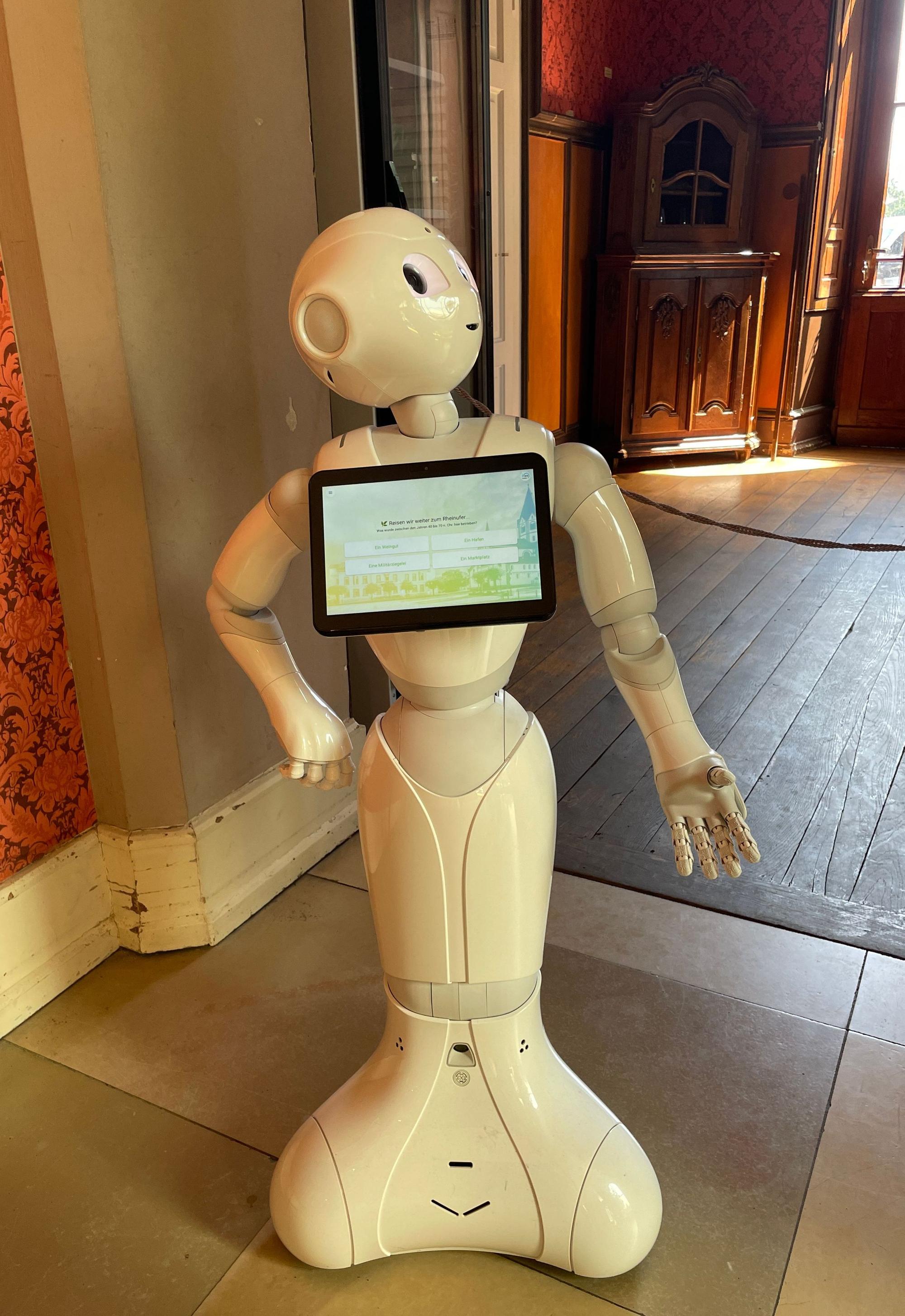 Ein kleiner Roboter mit Bildschirm auf der Brust steht in einem Museumsraum.