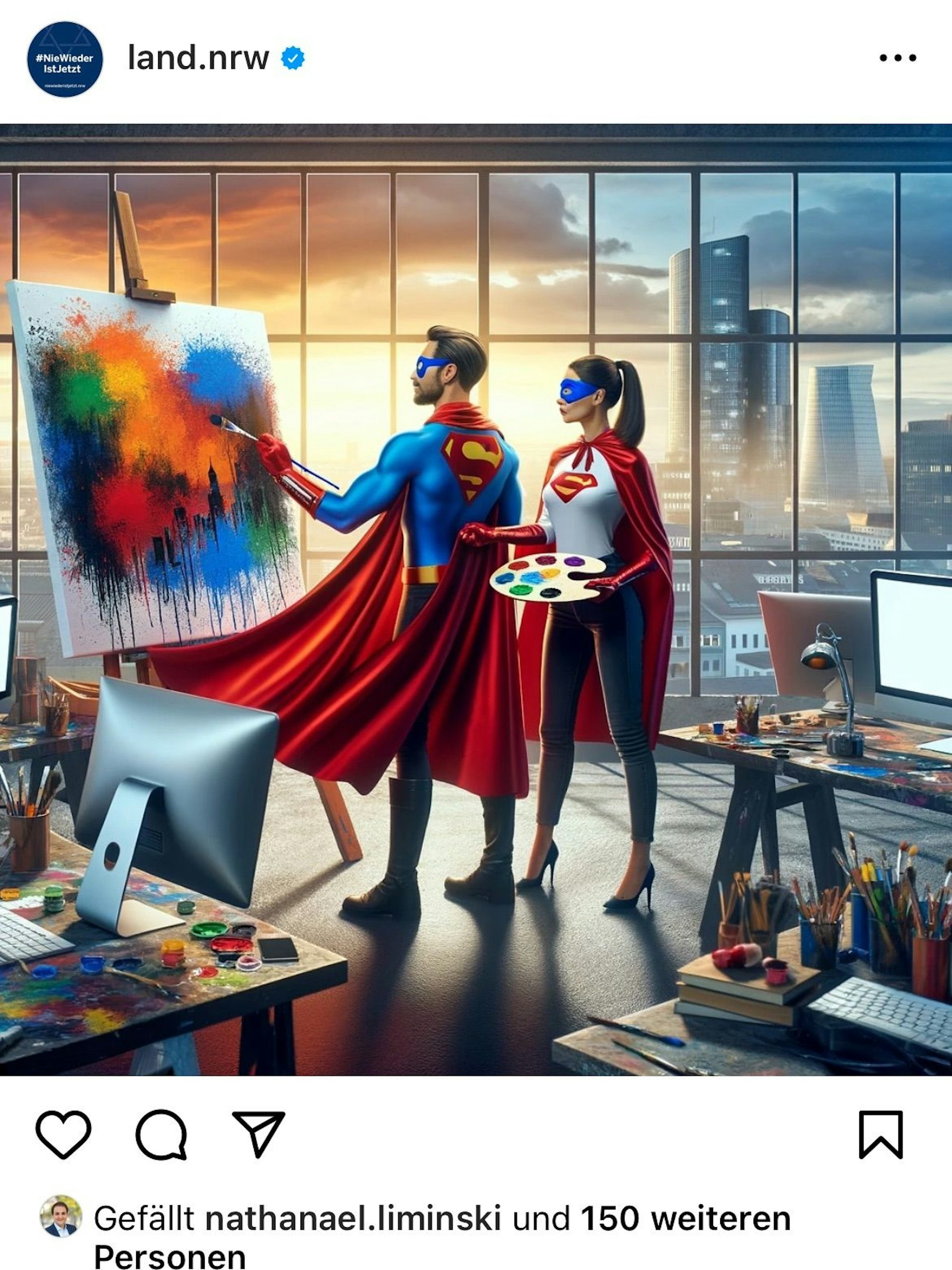 Superman und Superwoman stehen an einer Staffelei.