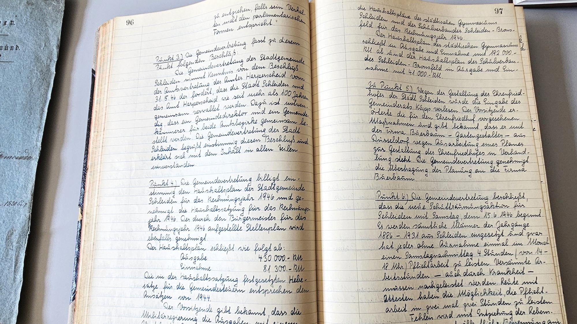 Blick in ein Protokollbuch aus Stadtratssitzungen 1946.