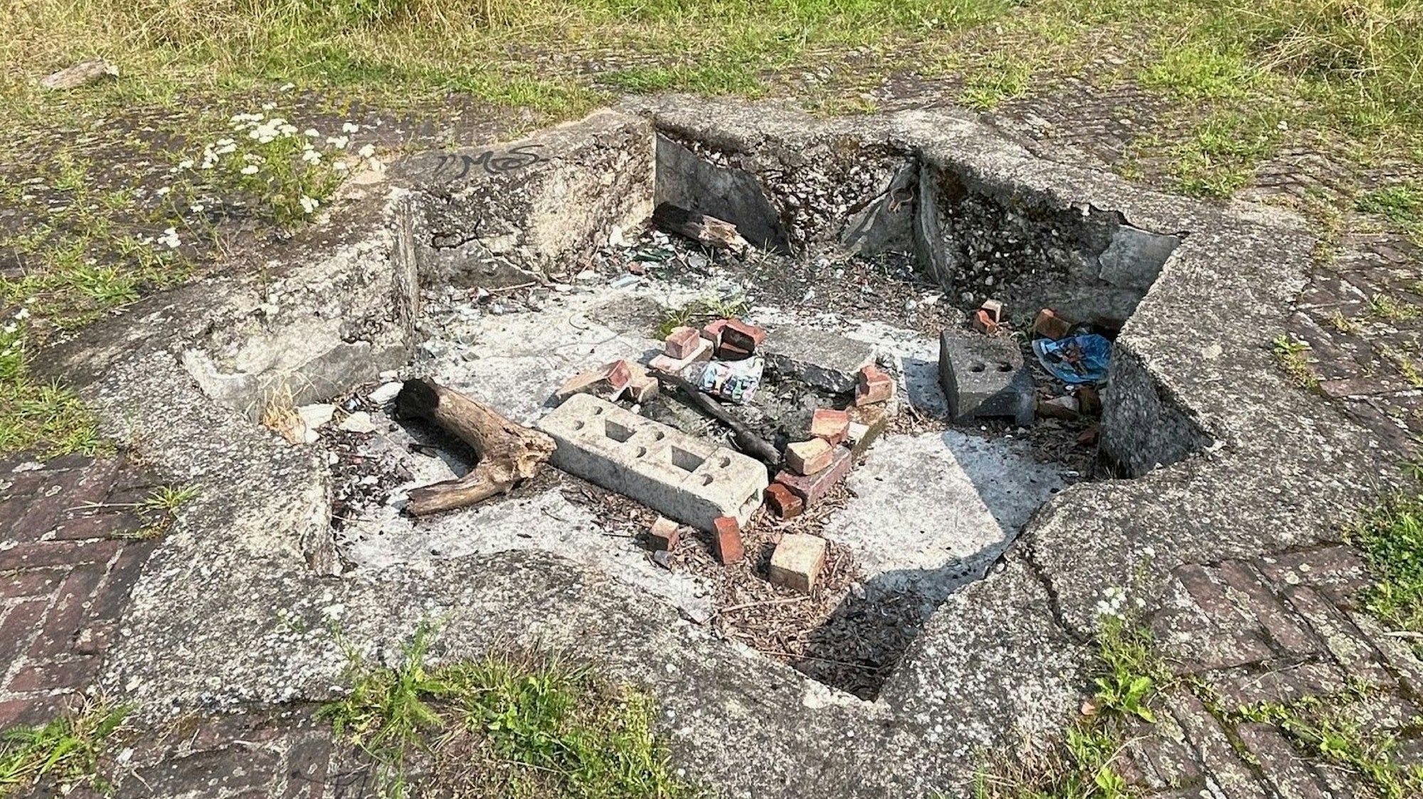 Blick auf das verwahrloste sternförmige Brunnenbecken im ehemaligen Ziergarten auf der Abdeckung von Zwischenwerk VIII b in Köln-Marienburg