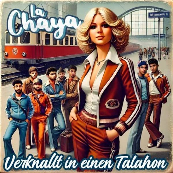 Das KI-generierte Bild im Comic-Stil zeigt eine blonde Frau vor einer Gruppe von jungen, südländisch aussehenden Männern in Trainingsanzügen.