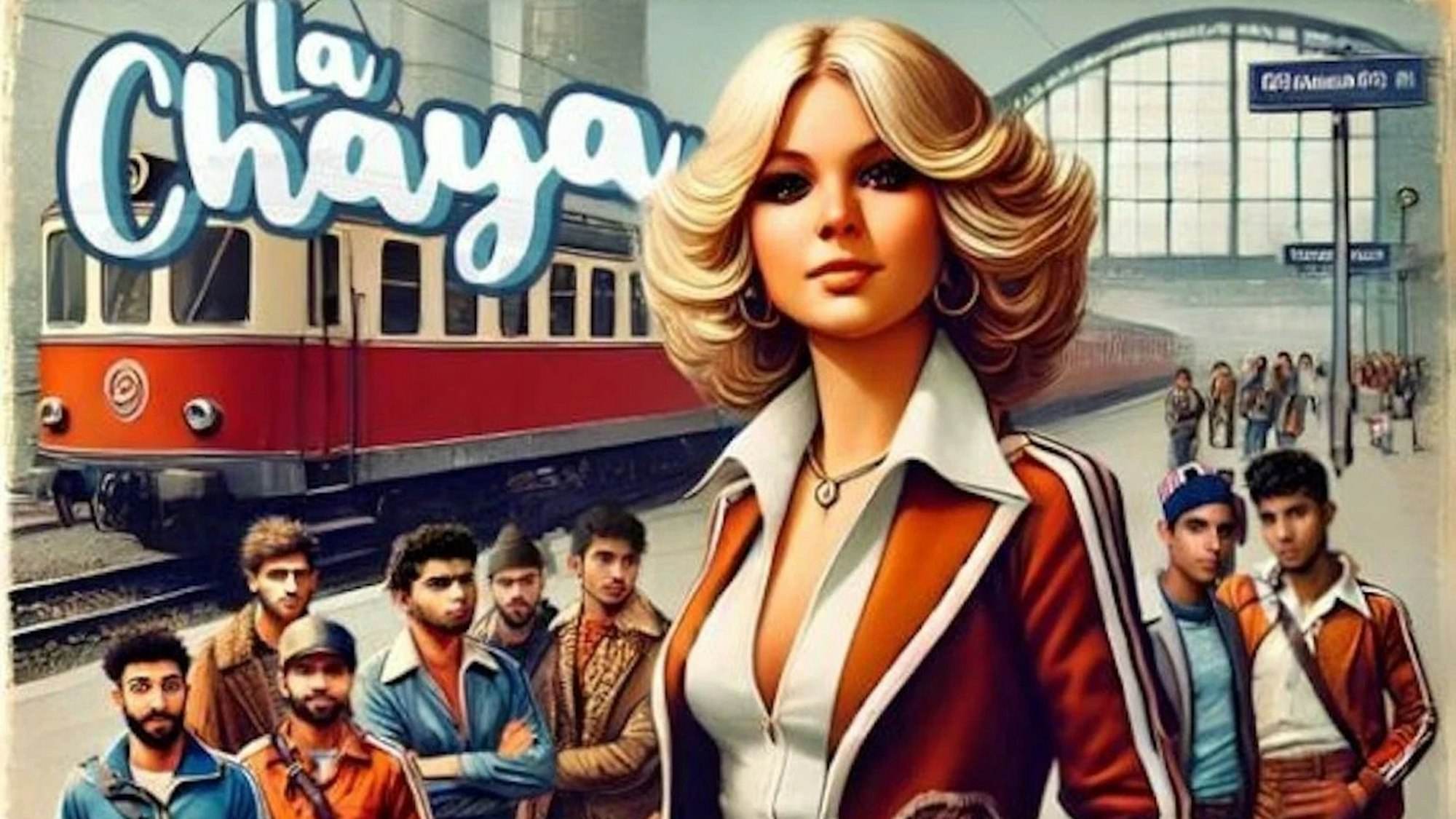 Das KI-generierte Bild im Comic-Stil zeigt eine blonde Frau vor einer Gruppe von jungen, südländisch aussehenden Männern in Trainingsanzügen.