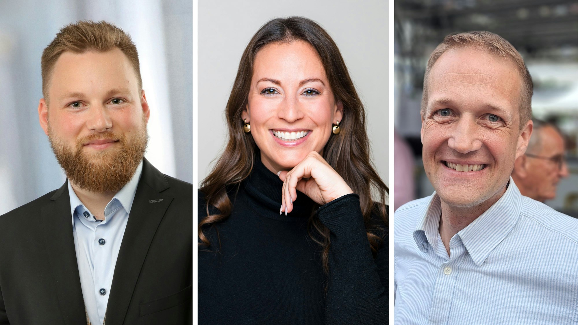 Montage mit Porträts von Fabian Felder (26) aus Bergisch Gladbach, Caroline Bosbach (34) aus Bergisch Gladbach und Michael Freiherr von Maltzahn (46) aus Burscheid.