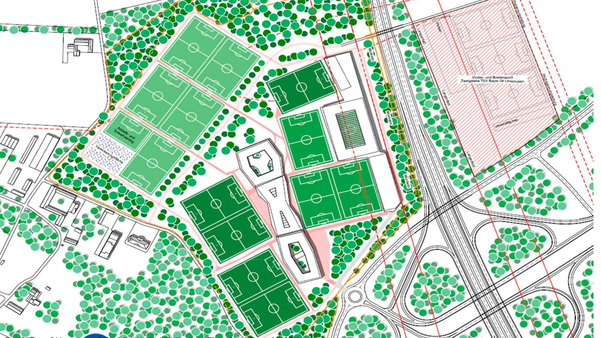 Der Plan aus einem öffentlichen Papier: Dieses Trainingszentrum möchte Bayer 04 im Wasserschutzgebiet neben dem Autobahnkreuz Monheim-Süd bauen.