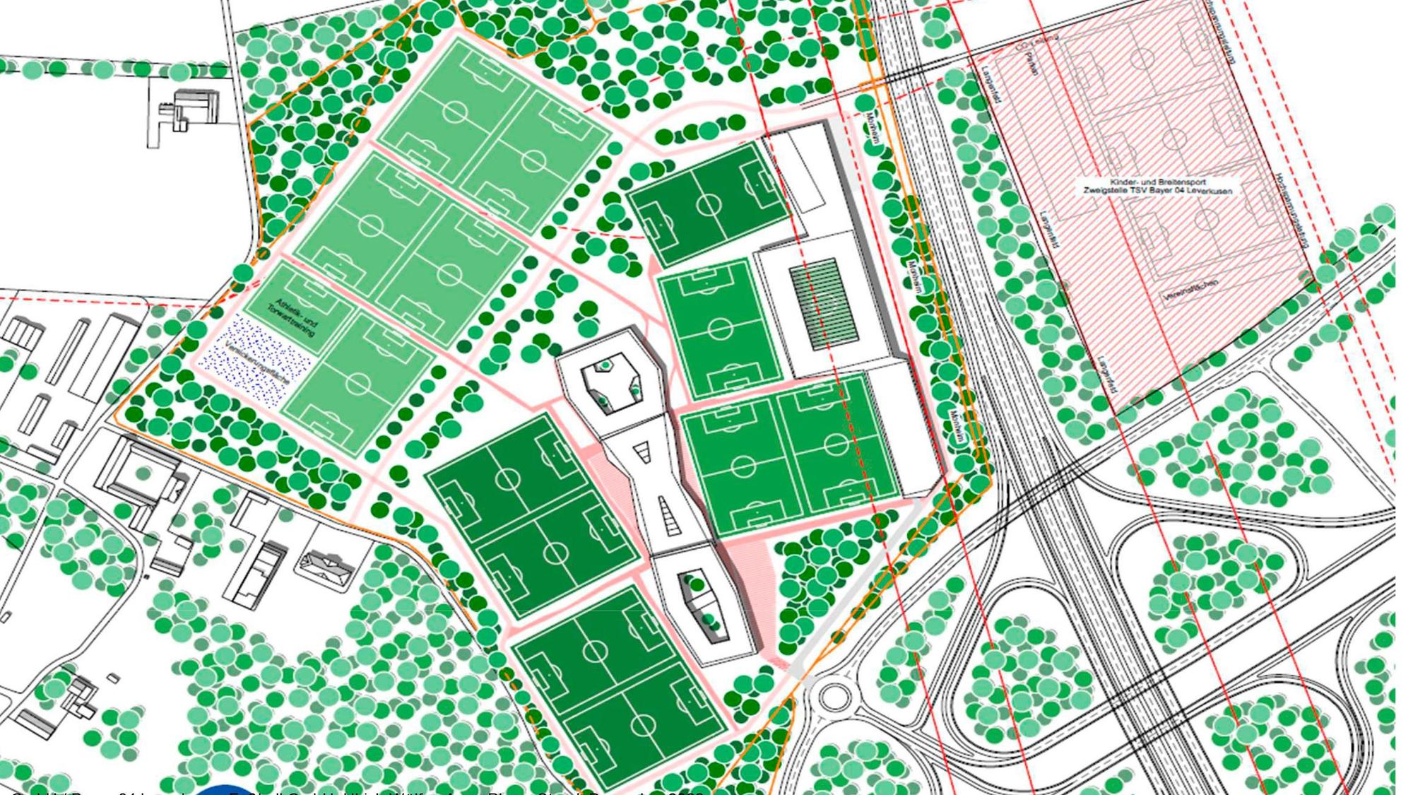 Der Plan aus einem öffentlichen Papier: Dieses Trainingszentrum möchte Bayer 04 im Wasserschutzgebiet neben dem Autobahnkreuz Monheim-Süd bauen.
