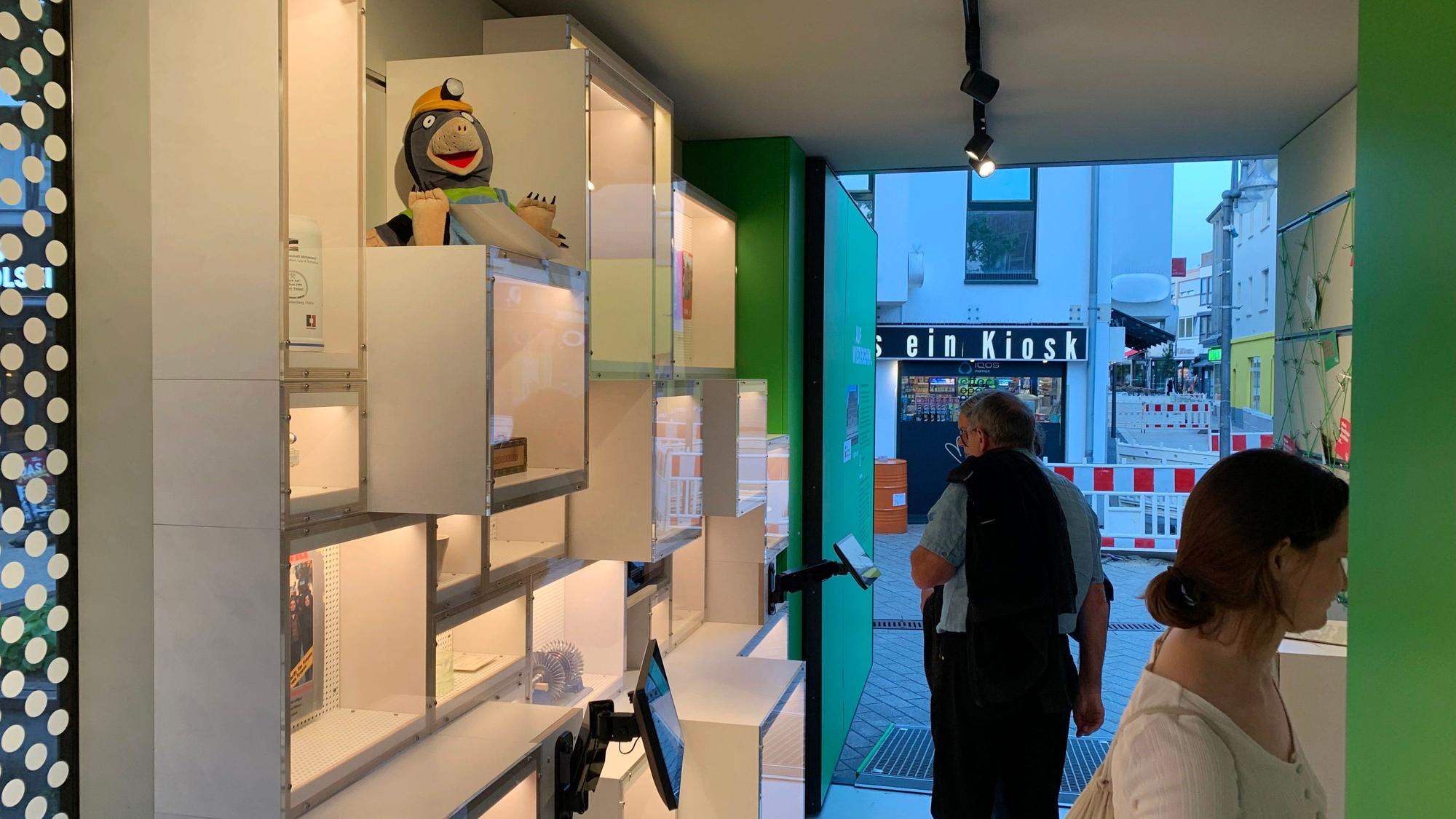 Ein Blick in die Ausstellung. Eine Besucherin und ein Besucher schauen sich die Vitrinen mit den Exponaten an.