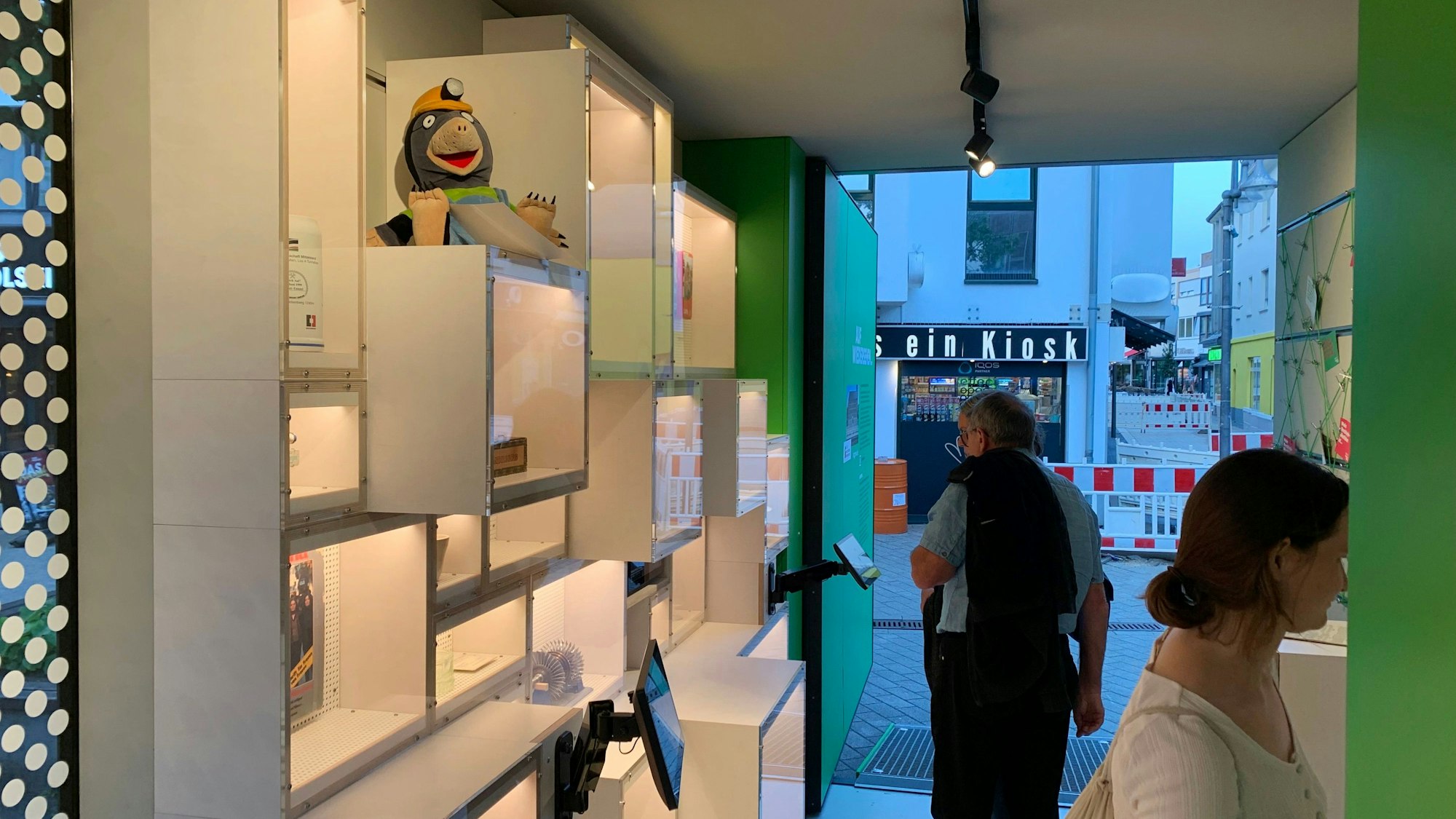 Ein Blick in die Ausstellung. Eine Besucherin und ein Besucher schauen sich die Vitrinen mit den Exponaten an.