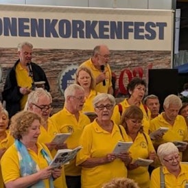 Zu sehen ist der Senat-Chor der Fidele Bröhler Falkenjäger trat beim Kronkorkenfest.