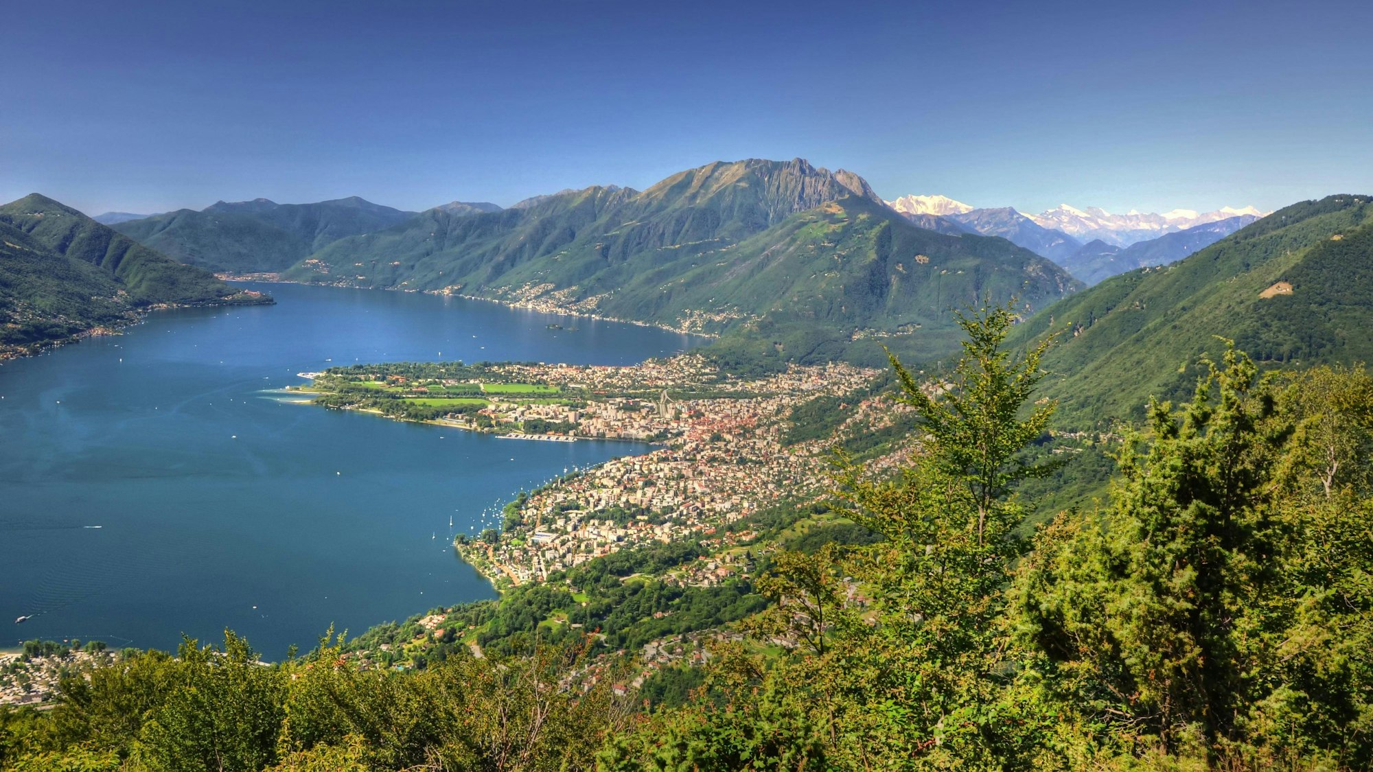 Panoramablick über einen alpinen Lago Maggiore mit Berg und Stadtbild an einem sonnigen Sommertag über Locarno.