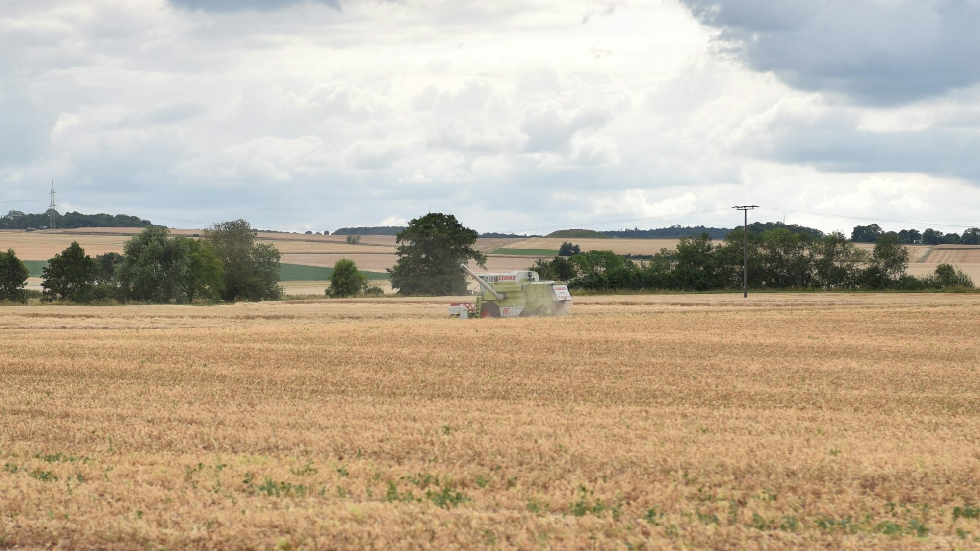 Ein Mähdrescher fährt über ein Feld, das schon weitgehend abgeerntet ist.