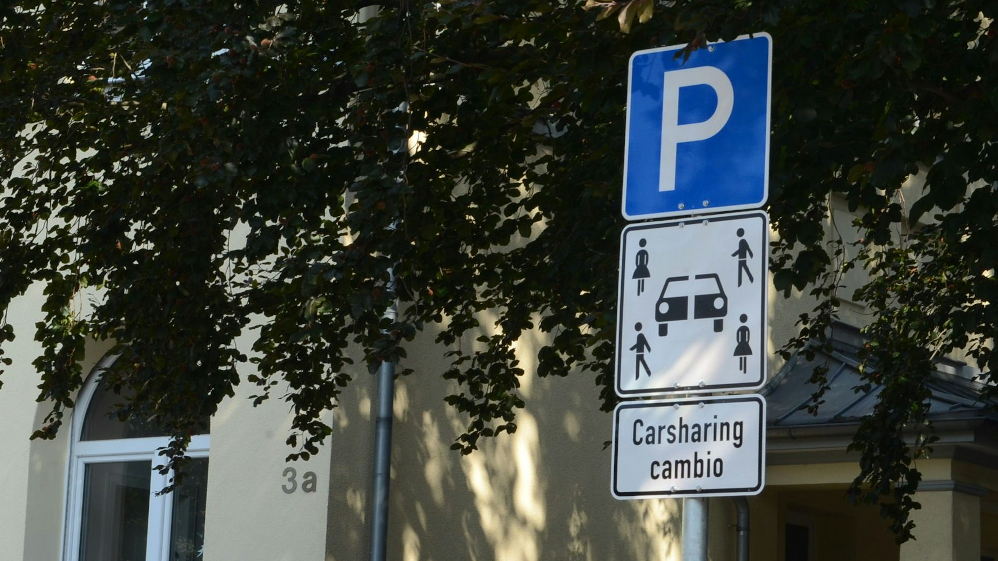 Ein weißes P auf blauem Grund weist einen Parkplatz aus; ergänzende Schilder zeigen ein geteiltes Auto und mehrere Personen darum herum.