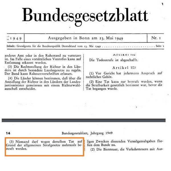 Das Grundgesetz in seiner ursprünglichen Form, Collage der Seiten 1, 13 und 14 des Bundesgesetzblattes Nr.1 vom 23.5.1949.
