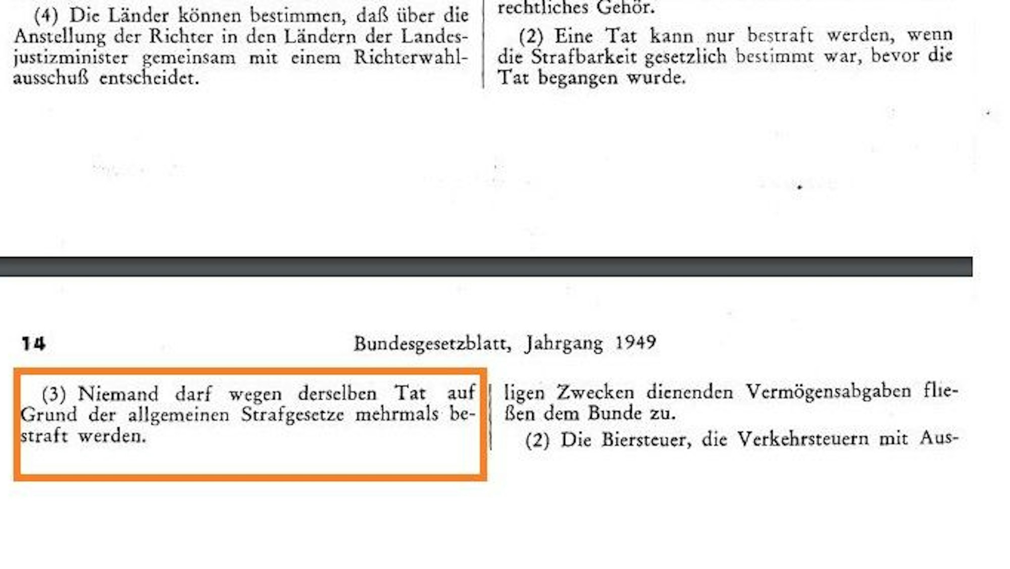 Das Grundgesetz in seiner ursprünglichen Form, Collage der Seiten 1, 13 und 14 des Bundesgesetzblattes Nr.1 vom 23.5.1949.
