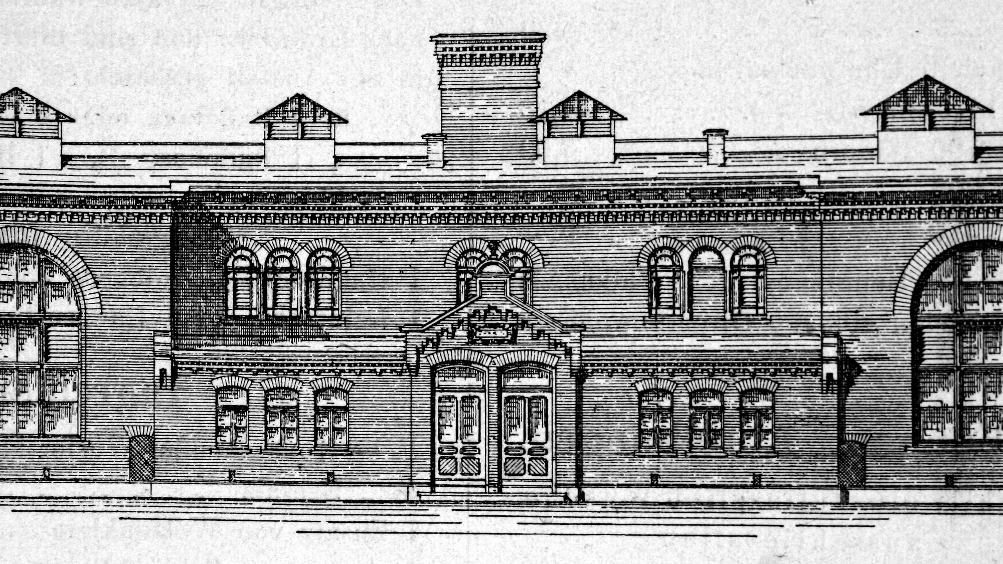 Historische Darstellung: Vorderansicht des Volksbads 1892.