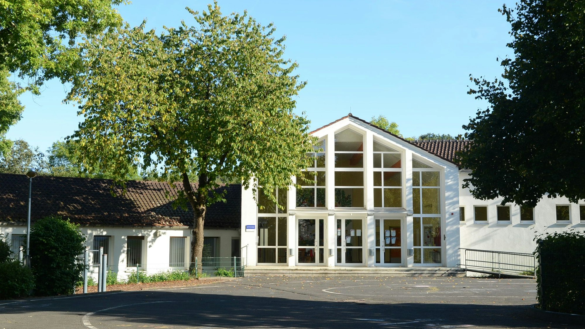 Ein Schulgebäude aus den 1960er Jahren und der Schulhof mit alten Bäumen.