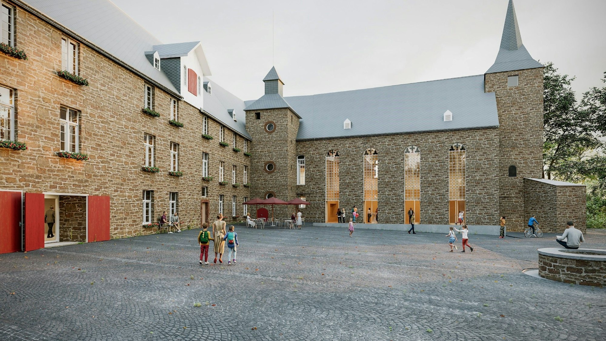 Die Grafik zeigt eine Ansicht des Schlosses mit neuem Haupteingang.