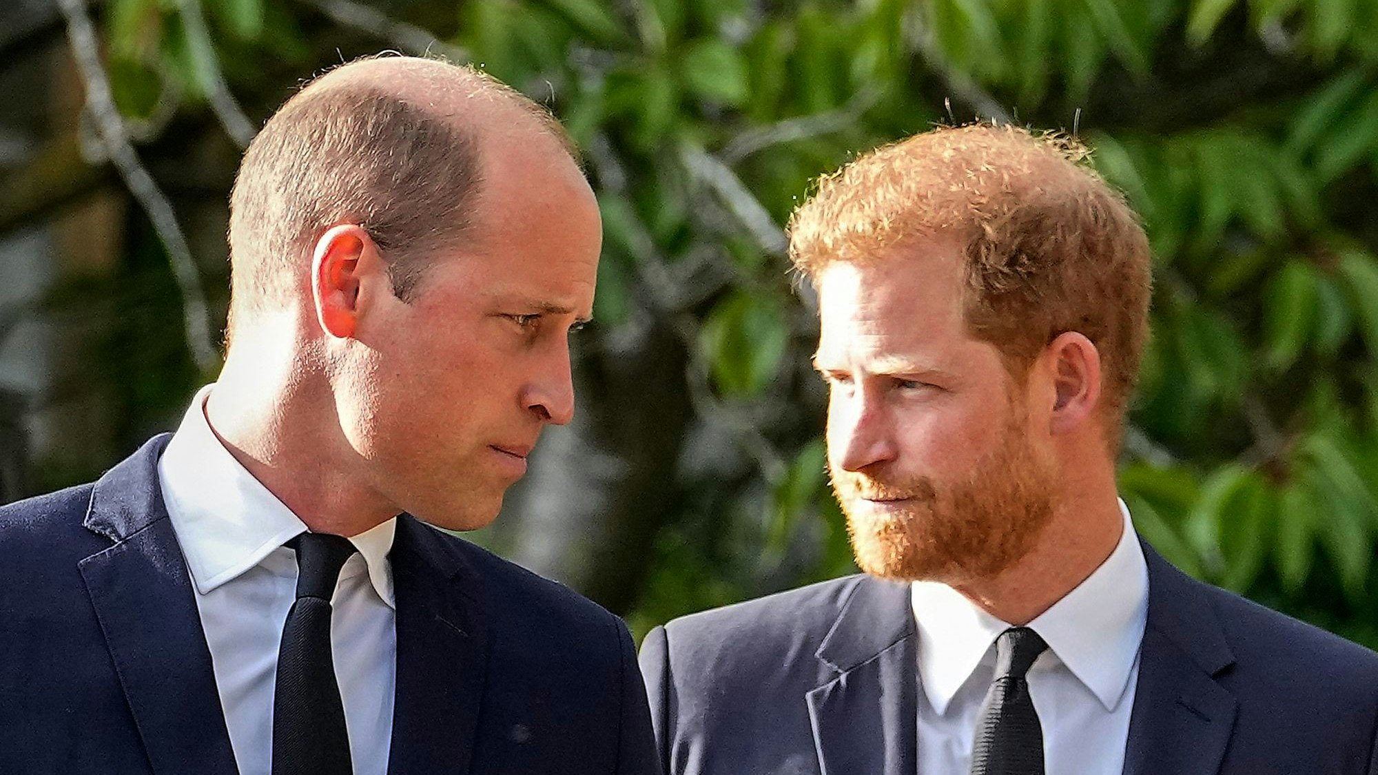 Prinz William (l) und sein Bruder Prinz Harry gehen nebeneinander, nachdem sie die Blumengrüße für ihre verstorbene Großmutter vor Schloss Windsor besichtigt haben.