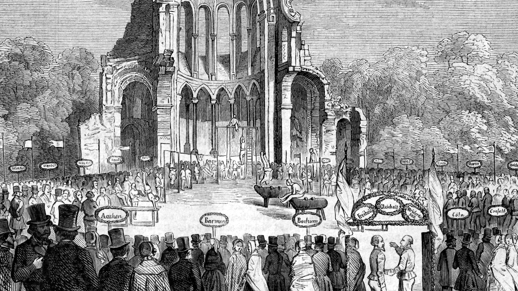 Ein historischer Holzschnitt zeigt viel Zuschauer vor der Chorruine Heisterbach.