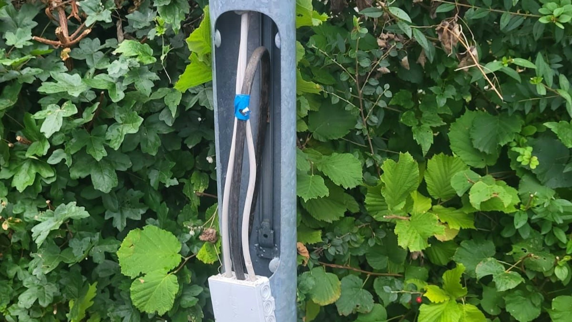 Die Stromzuführung einer Straßenlaterne ist aufgebrochen und lahmgelegt.