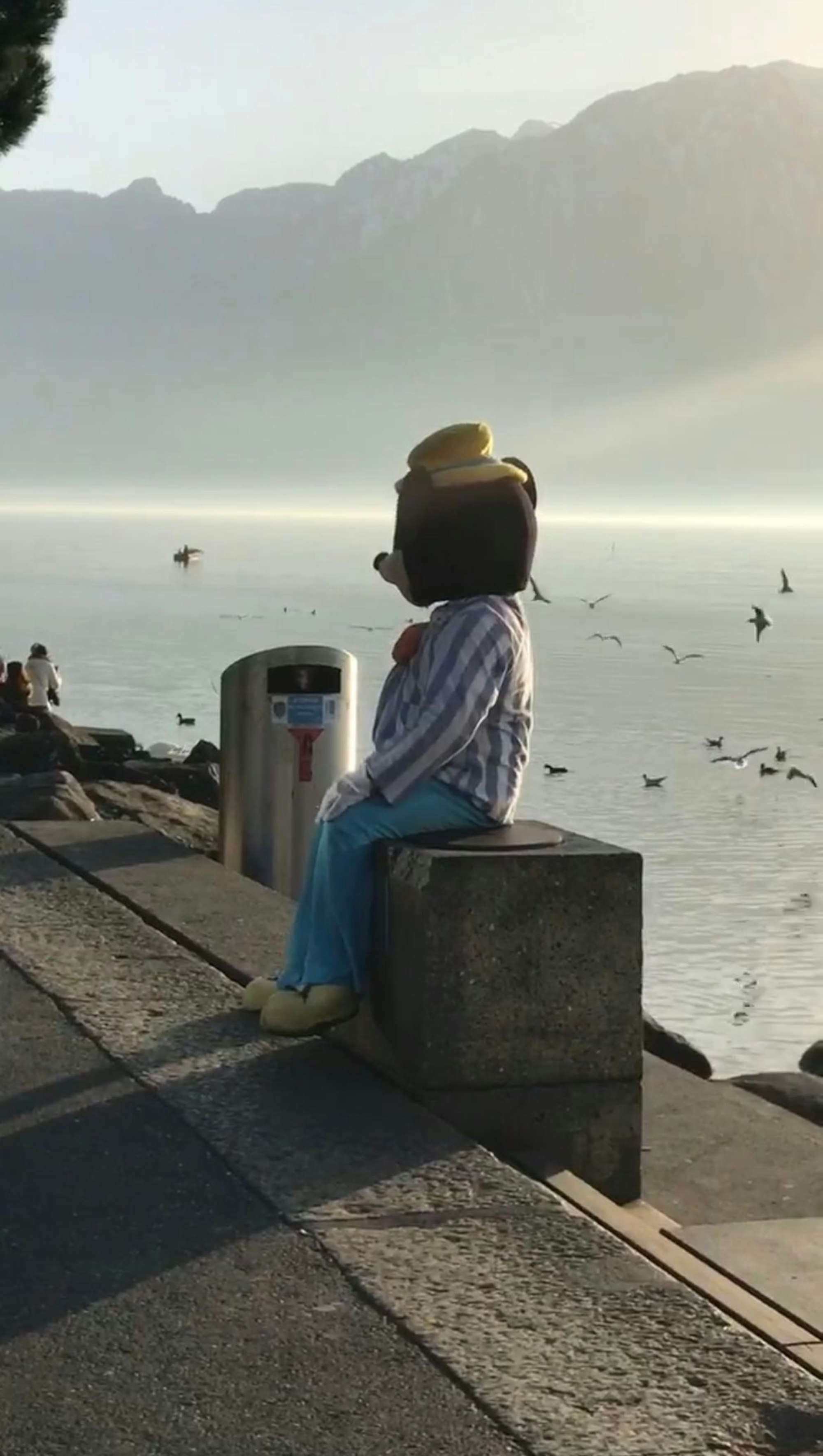 Lars Eidinger, Montreux, 2019, ein Mensch mit einer großen Plüschbären-Maske auf dem Kopf sitzt an einem Kai