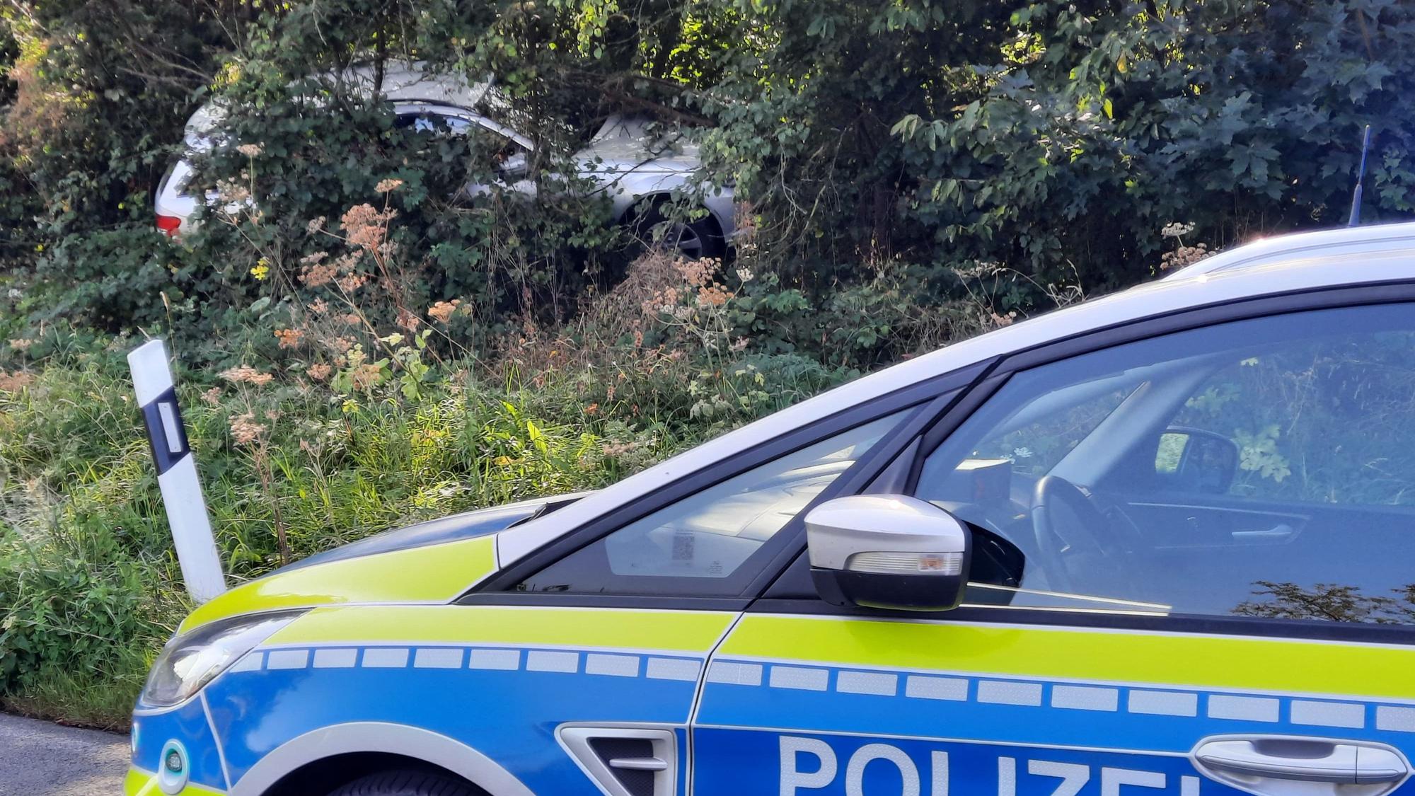 Ein silberner Wagen liegt im Gebüsch, ein Polizeifahrzeug steht auf der Straße.