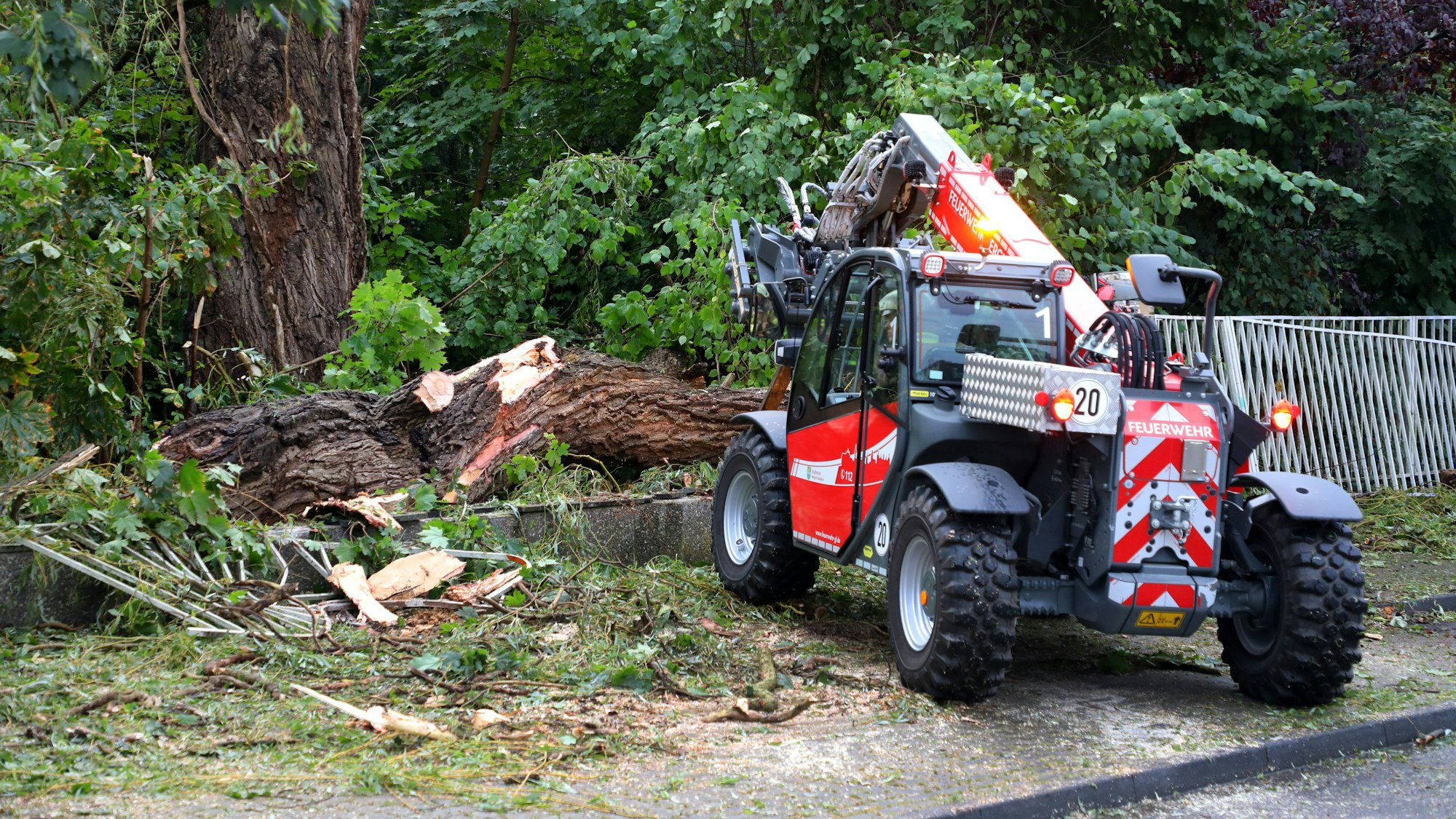 Ein Teleskoplader räumt an der Straße „An der Gohrsmühle“ Baumteile zur Seite.