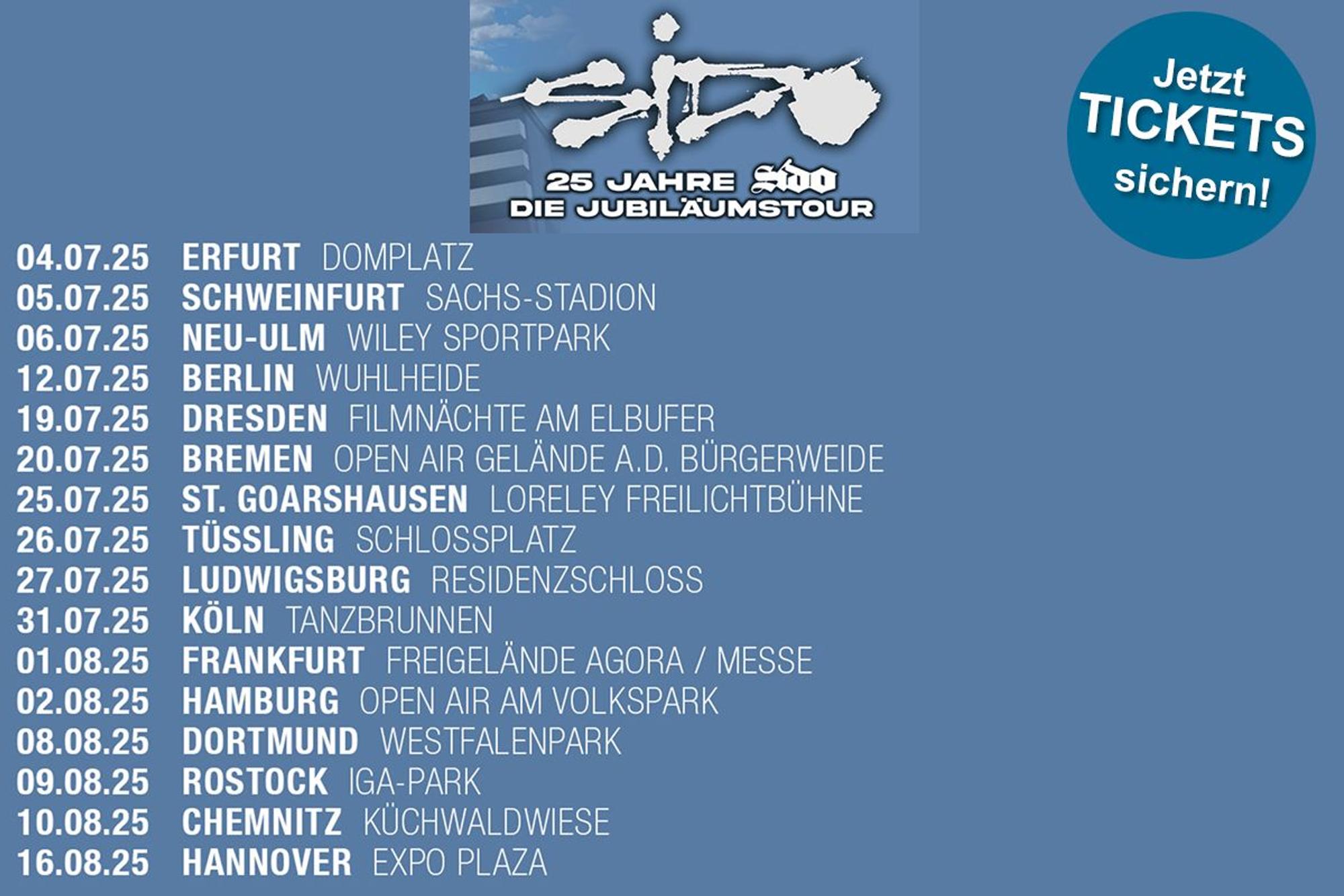 Tourdaten der Sido Jubiläumstour vor einem blauen Hintergrund