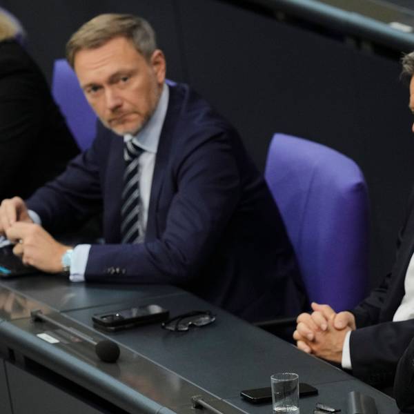 FILE - From right, German Chancellor Olaf Scholz, Economy and Climate Minister Robert Habeck and Finance Minister Christian Lindner listen to a debate about Germany's budget crisis at the parliament Bundestag in Berlin, Germany, Nov. 28, 2023. (AP Photo/Markus Schreiber, File)