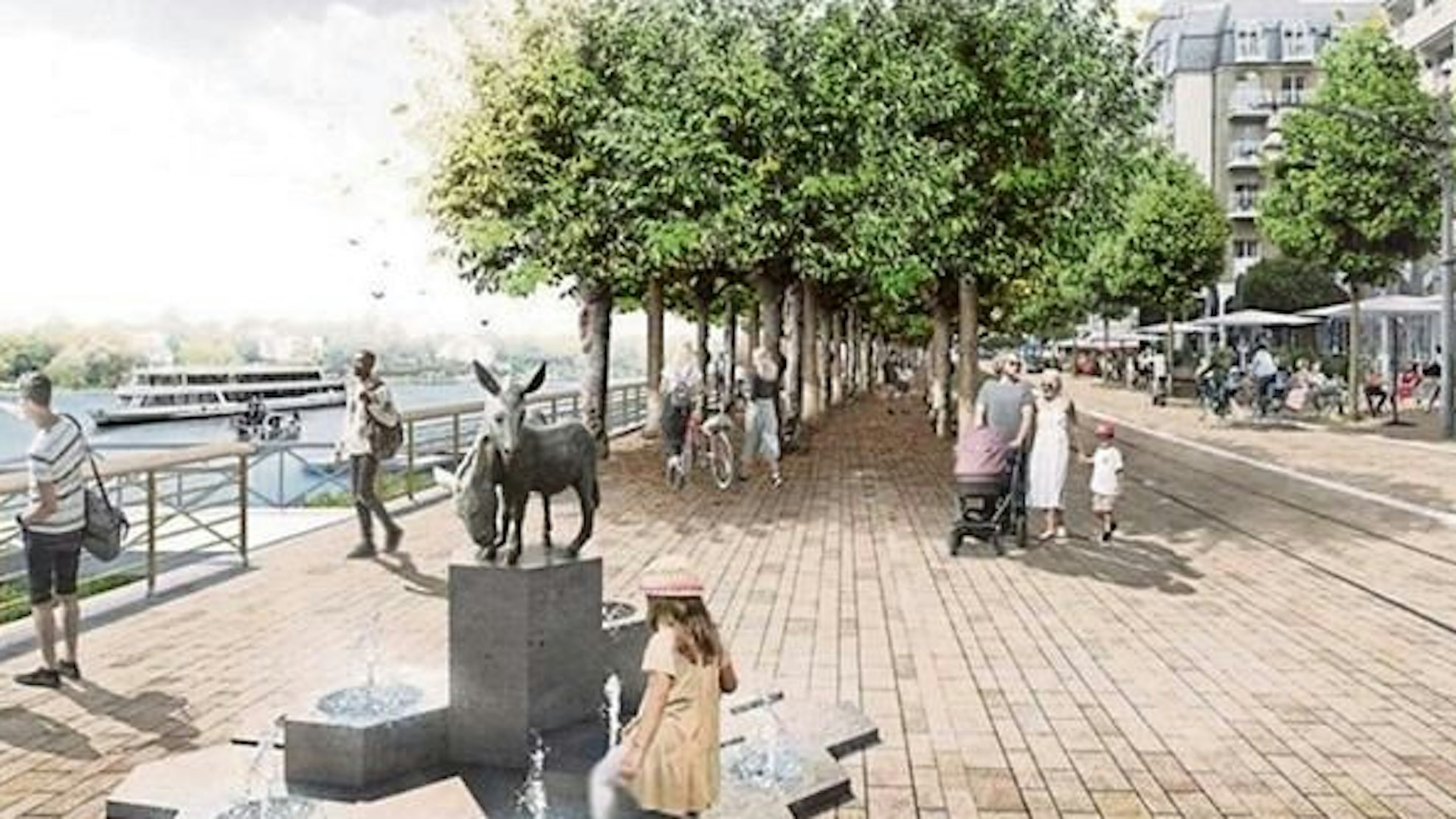 Ein Entwurf für die neue Rheinpromenade, im Vordergrund der Eselsbrunnen.