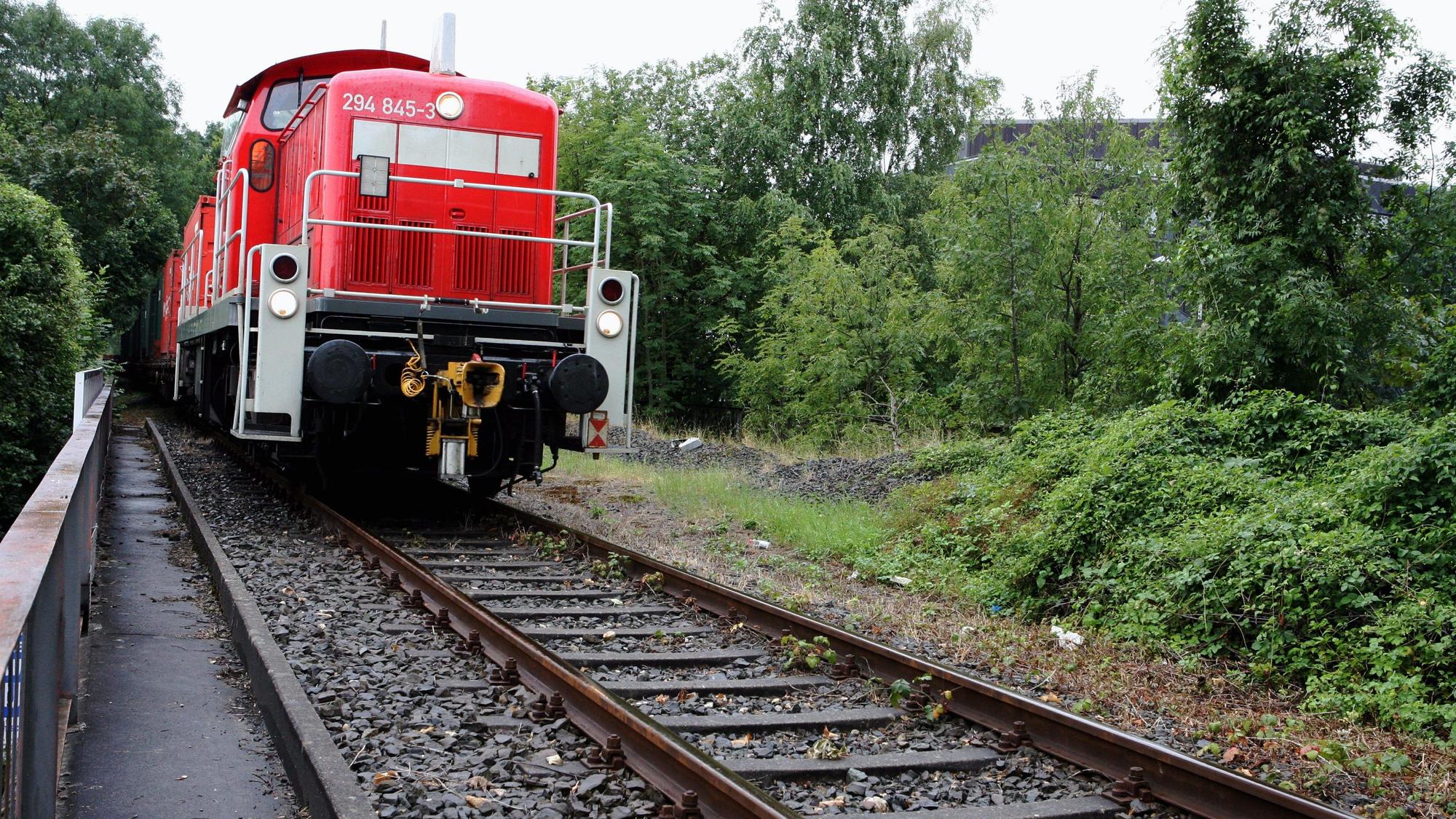 Das Foto zeigt einen Güterzug auf der Bahndammtrasse in Bergisch Gladbach.