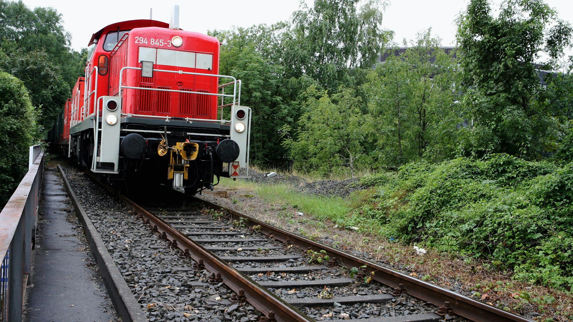 Das Foto zeigt einen Güterzug auf der Bahndammtrasse in Bergisch Gladbach.