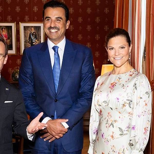Schwedens Premierminister Ulf Kristersson, der Emir von Katar, Scheich Tamim bin Hamad al-Thani und Kronprinzessin Victoria.