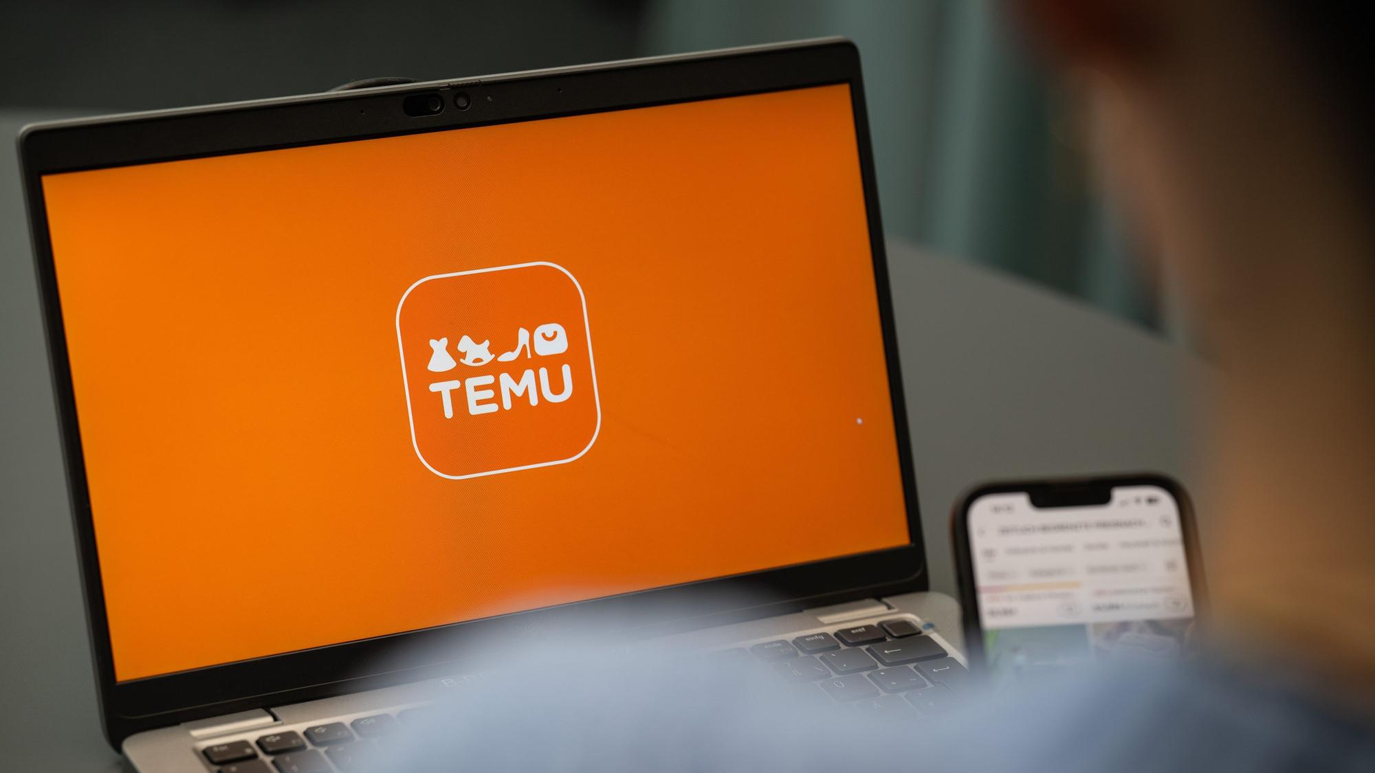 Blick auf einen Laptop mit dem Logo der App Temu. (gestellte Szene)