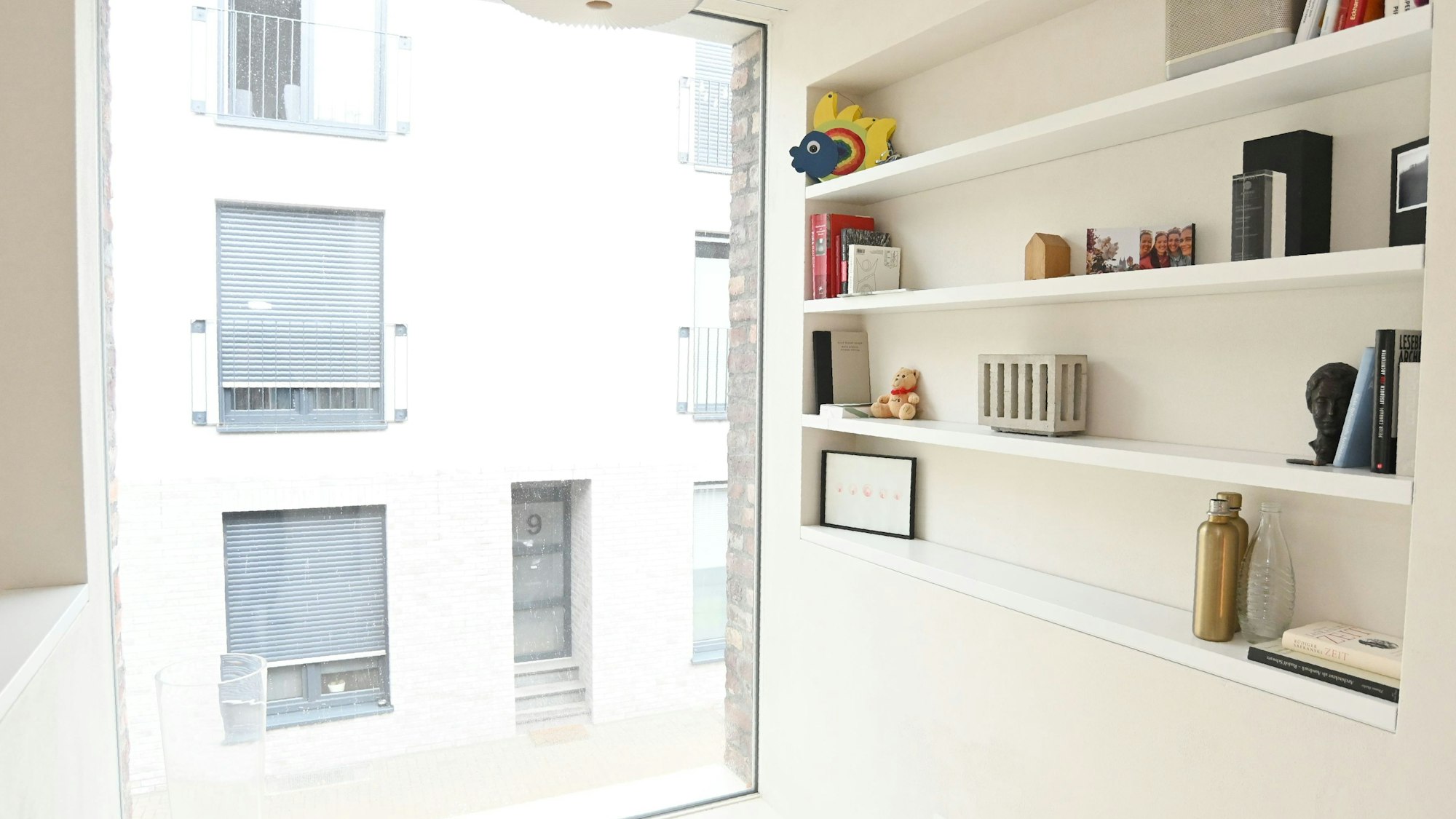 Blick aus einem großen Fenster des Hauses. Auf der rechten Seite steht ein Regal.