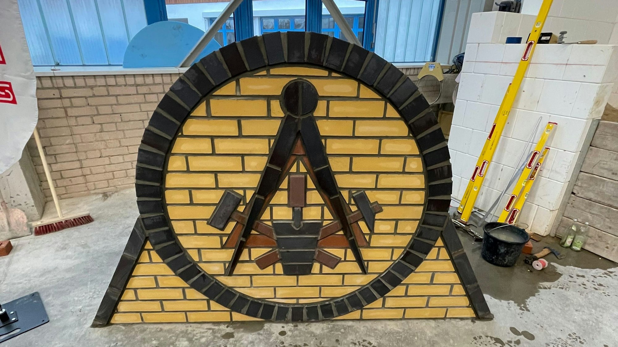 Ein gemauertes Werkstück mit Logo.