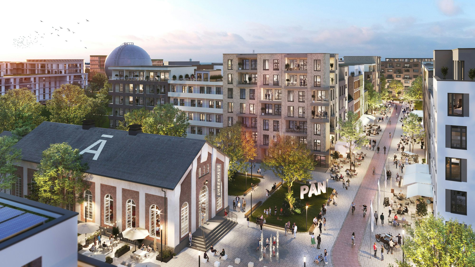 Visualisierungen Max-Becker-Areal in Ehrenfeld, genannt "Pan". Das Uhrenhaus links im Bild ist denkmalgeschützt und in das neue Quartier integriert.