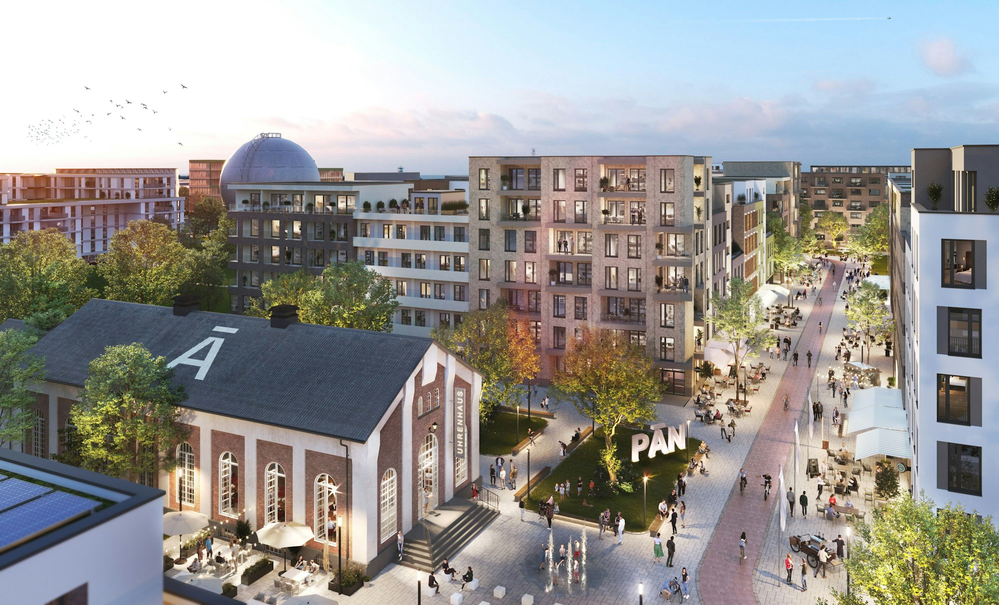 Visualisierungen Max-Becker-Areal in Ehrenfeld, genannt "Pan". Das Uhrenhaus links im Bild ist denkmalgeschützt und in das neue Quartier integriert.