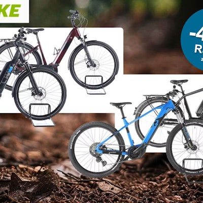 Verschiedene E-Bike Modelle sind vor einem Waldboden angeordnet.