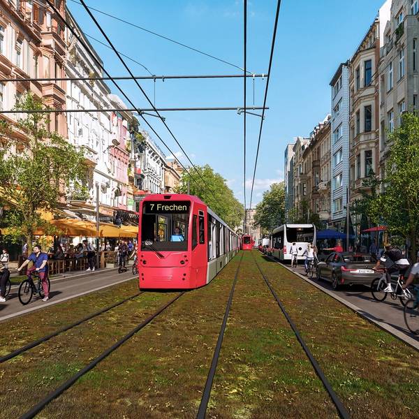 Die CDU-Fraktion hat vier neue Visualisierungen der oberirdischen Variante und der Tunnellösung für die Ost-West-Achse erstellen lassen. Hier im Bild: Aachener Straße in oberirdischer Variante.