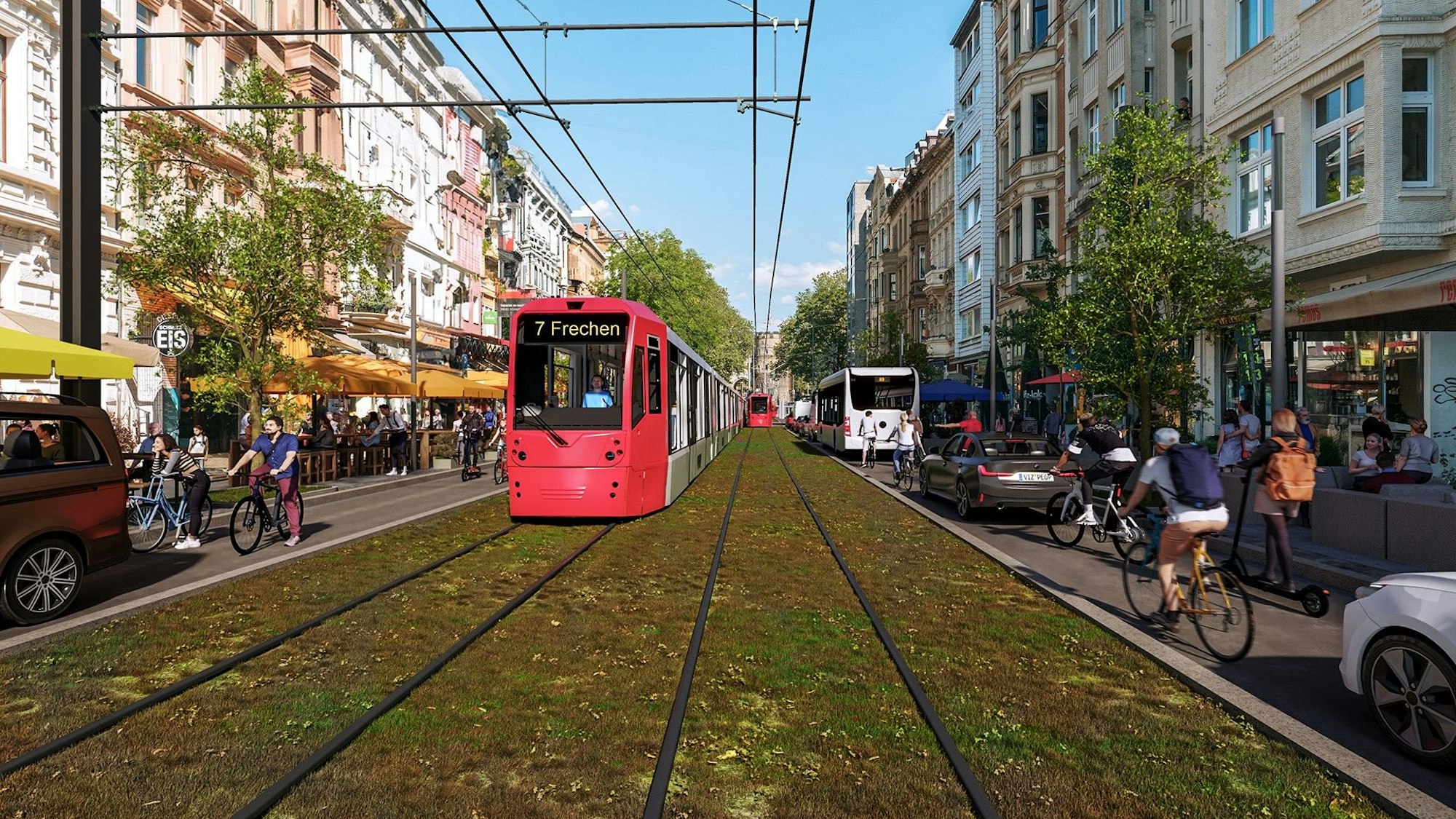 Die CDU-Fraktion hat vier neue Visualisierungen der oberirdischen Variante und der Tunnellösung für die Ost-West-Achse erstellen lassen. Hier im Bild: Aachener Straße in oberirdischer Variante.