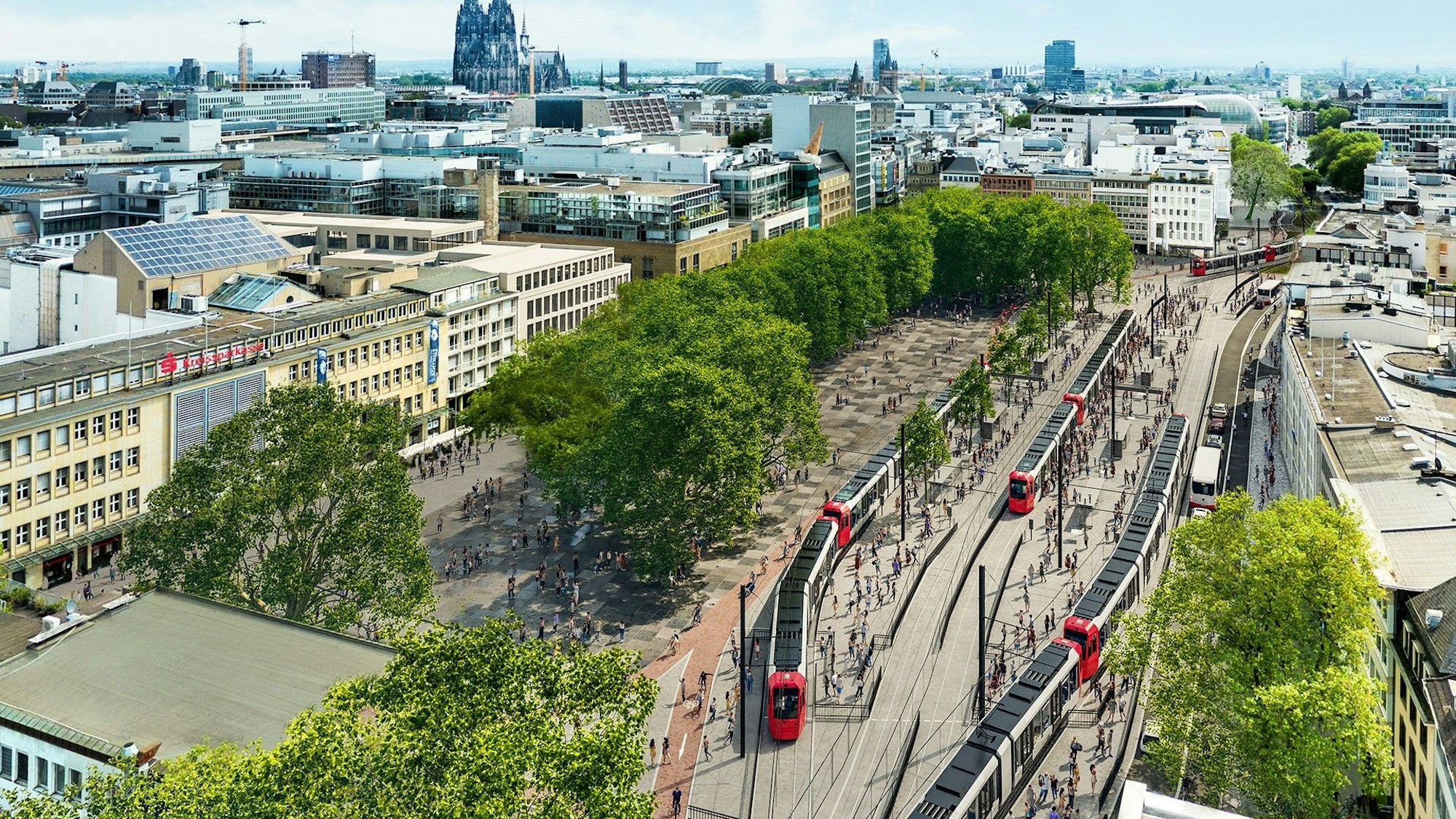 Zu sehen ist die Visualisierung einer oberirdischen Variante für die Ost-West-Achse. Zu sehen ist der Kölner Neumarkt, an dem mehrere Bahnen der KVB stehen.