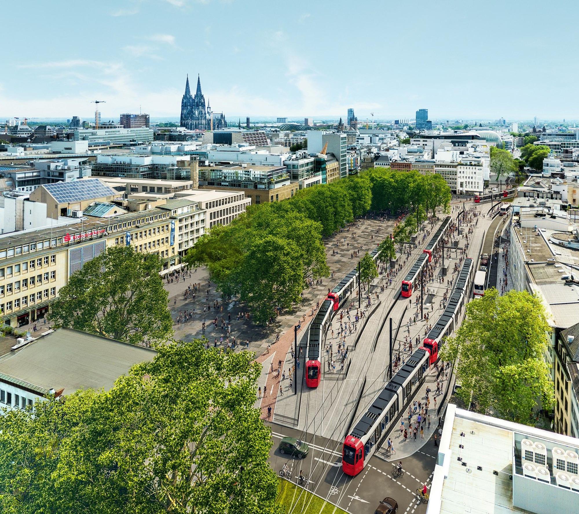 Visualisierung des Neumarkts mit einer oberirdisch ausgebauten Verkehrsachse.
