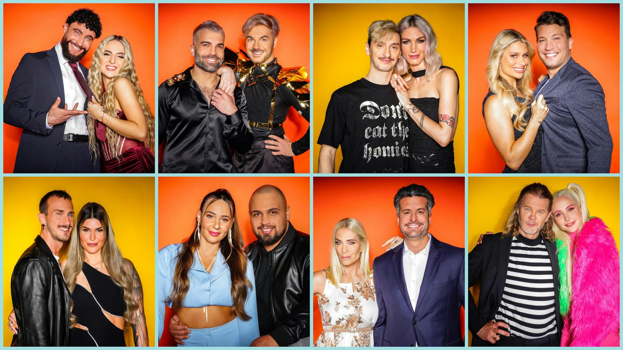 Diese Paare sind 2024 in der RTL-Show „Das Sommerhaus der Stars - Kampf der Promipaare“ (V.o.l.): Influencer Umut Tekin und Emma Fernlund, Rafi Rachek und Reality-Icon Sam Dylan, Model und Influencerin Tessa Bergmeier und Freund Jakob, Vanessa Schmitt und Raúl Richter (V.u.l.): Freund Michael und Reality-Personality Gloria Glumac, TV-Sternchen Alessia Herren und Partner Can, Designerin Sarah Kern und Tobias Pankow, Model Theresia Fischer und Stefan Kleiser.