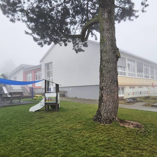 Blick auf die Kita in Keldenich im Nebel