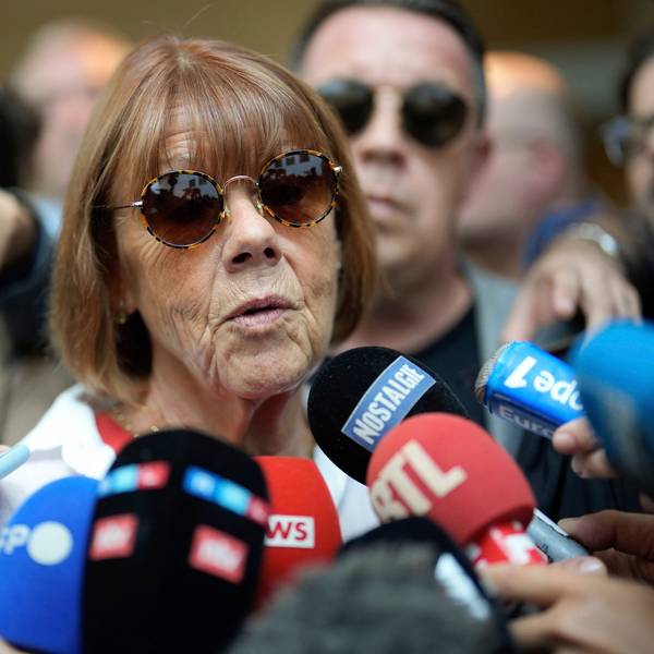Gisele Pelicot speaks to media as she leaves the Avignon court house, southern France, Thursday, Sept. 5, 2024. A woman allegedly drugged by her ex-husband so that she could be raped by other men while she laid unconscious, is expected to testify before a panel of French judges. (AP Photo/Lewis Joly)