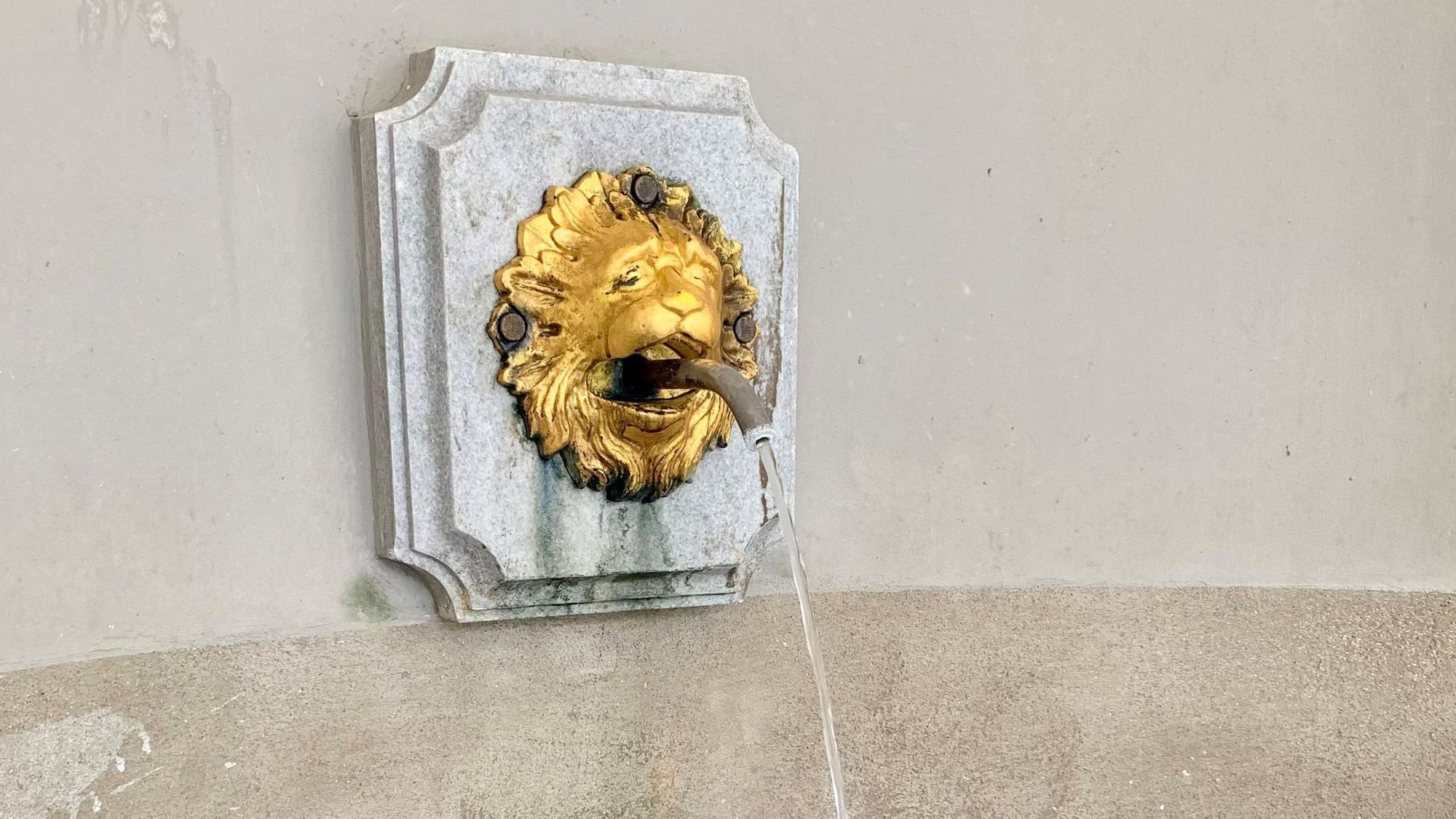 Zu sehen ist ein Brunnen in der Form eines goldenen Löwenkopfes.