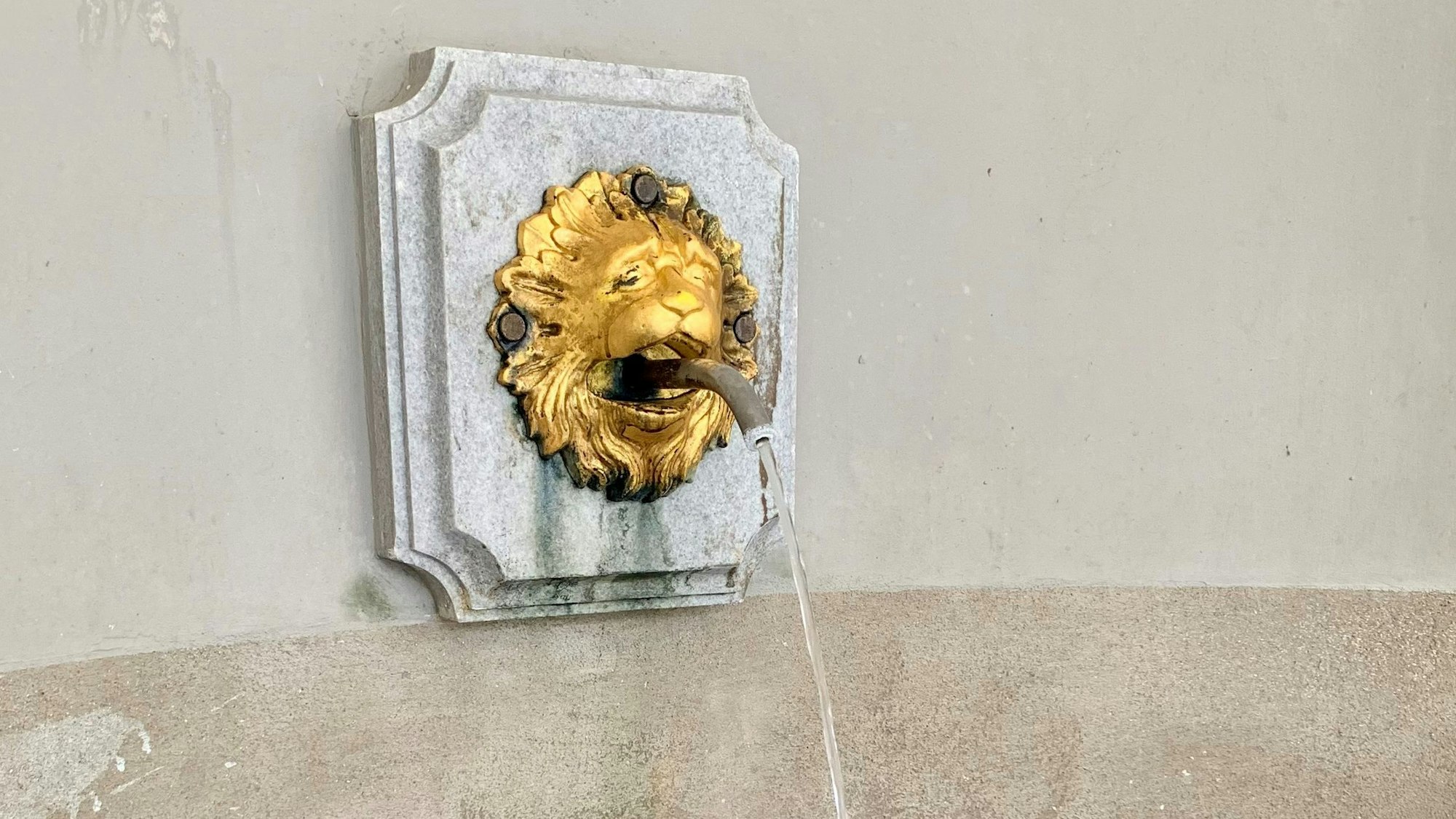 Zu sehen ist ein Brunnen in der Form eines goldenen Löwenkopfes.