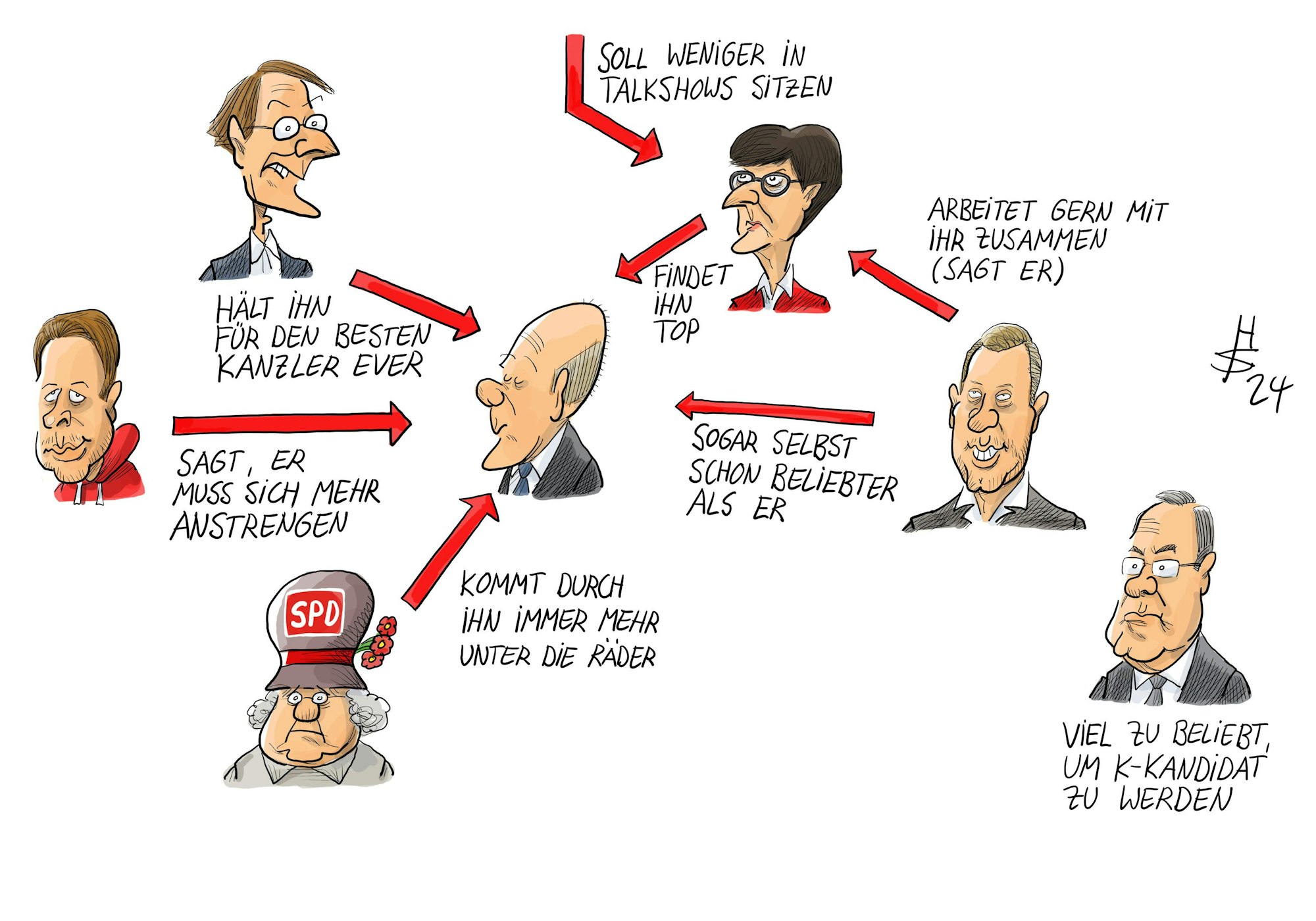 Eine Karikatur von Heiko Sakurai aus dem Jahr 2023 zeigt den Kölner Kardinal Rainer Woelki, der au einem Stuhl sitzt und die Stimme Gottes von oben hört.