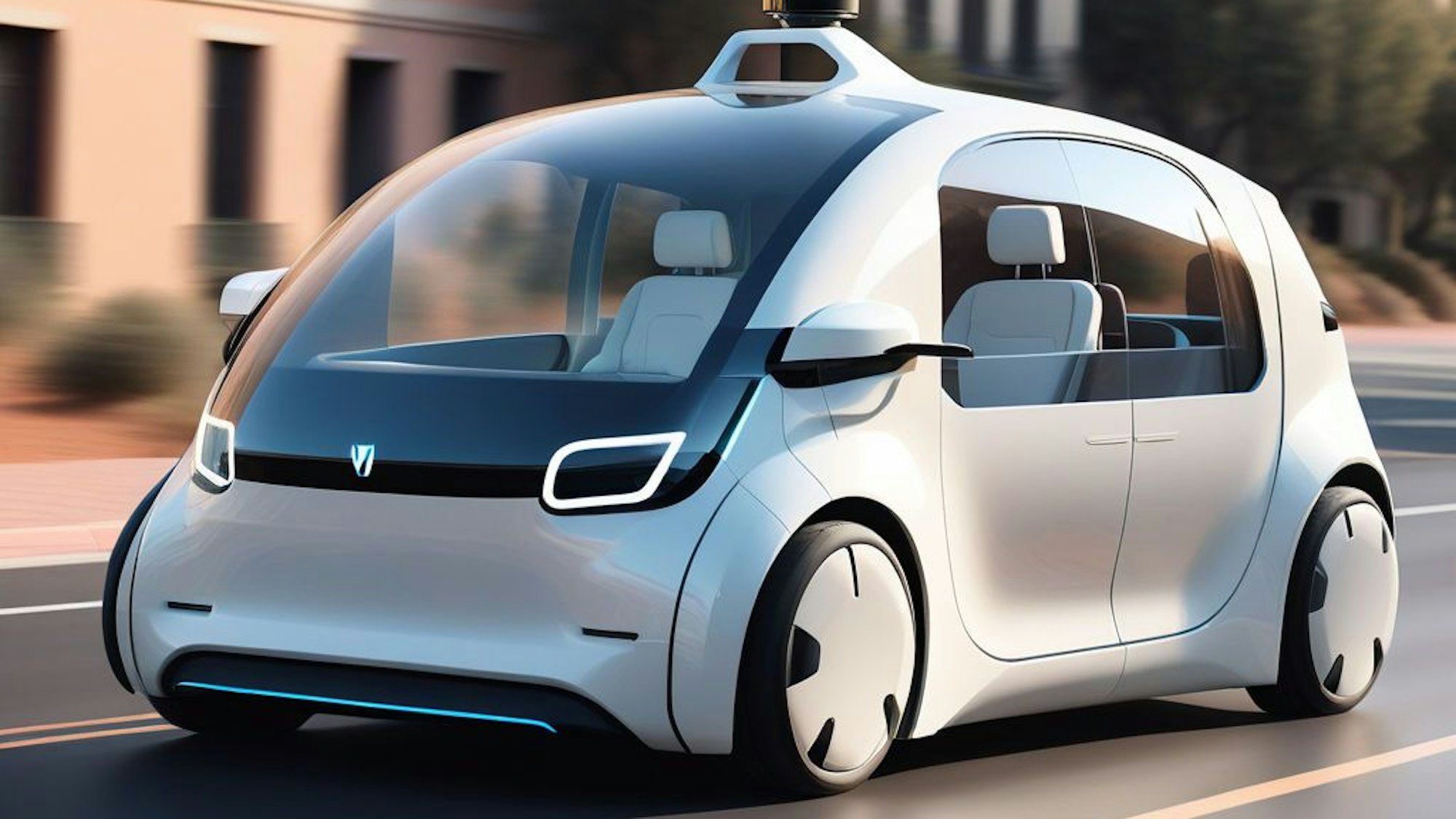 Ein Kleinwagen der Zukunft, ohne Lenkrad, gesteuert durch KI.