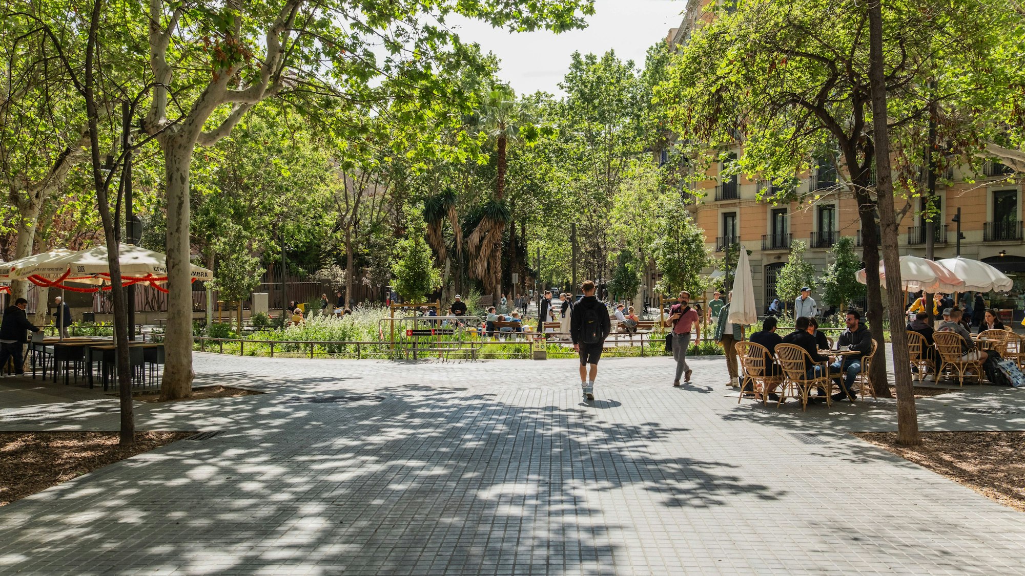 Der Superblock Eixample, autofreier und für Fußgänger geöffneter Bereich in der Innenstadt von Barcelona, Sapnien Barcelona Katalonien Spanien *** The Eixample superblock, car-free and pedestrianized area in the city centre of Barcelona, Sapnia Barcelona Catalonia Spain